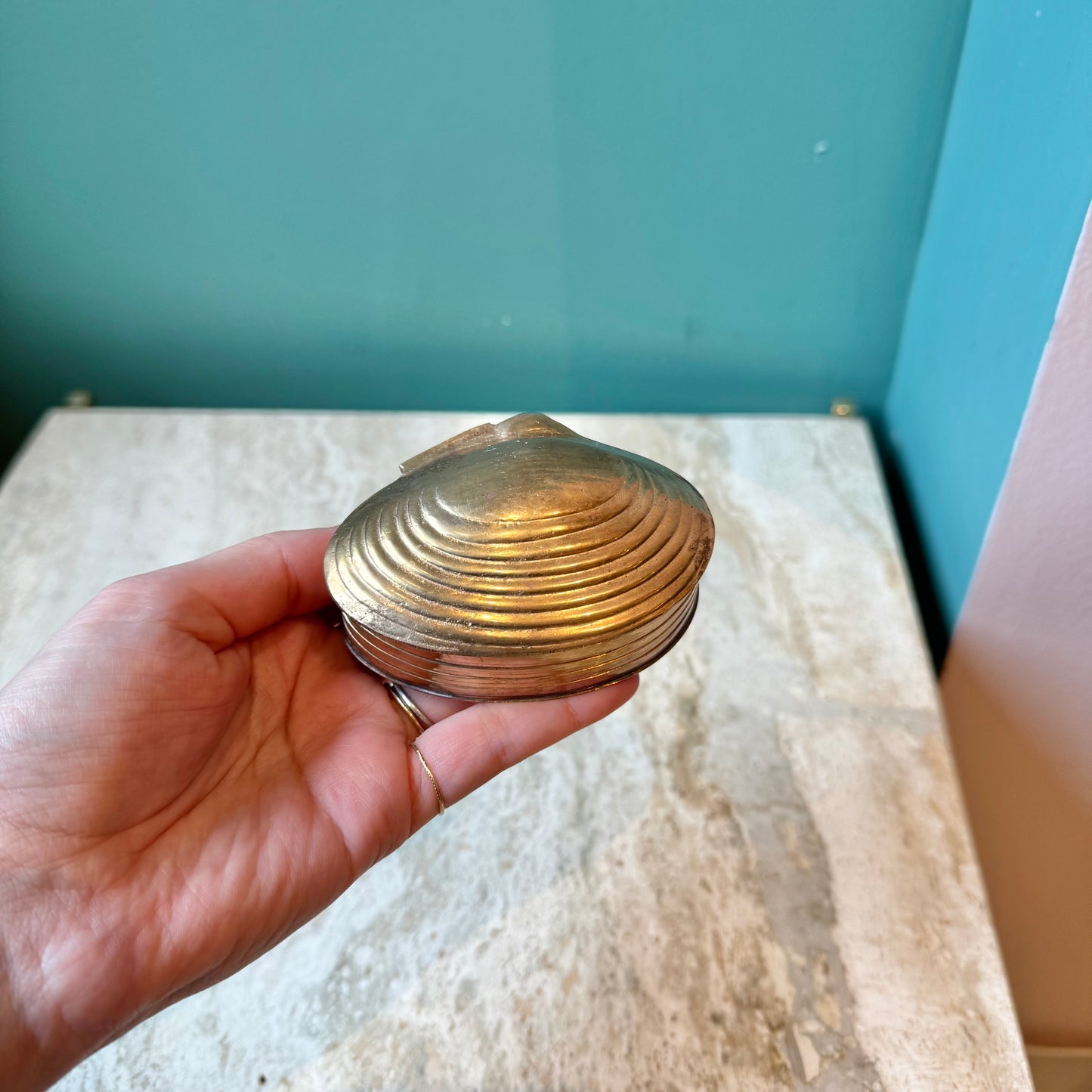Vintage Brass Clam Shell Trinket Box 3"