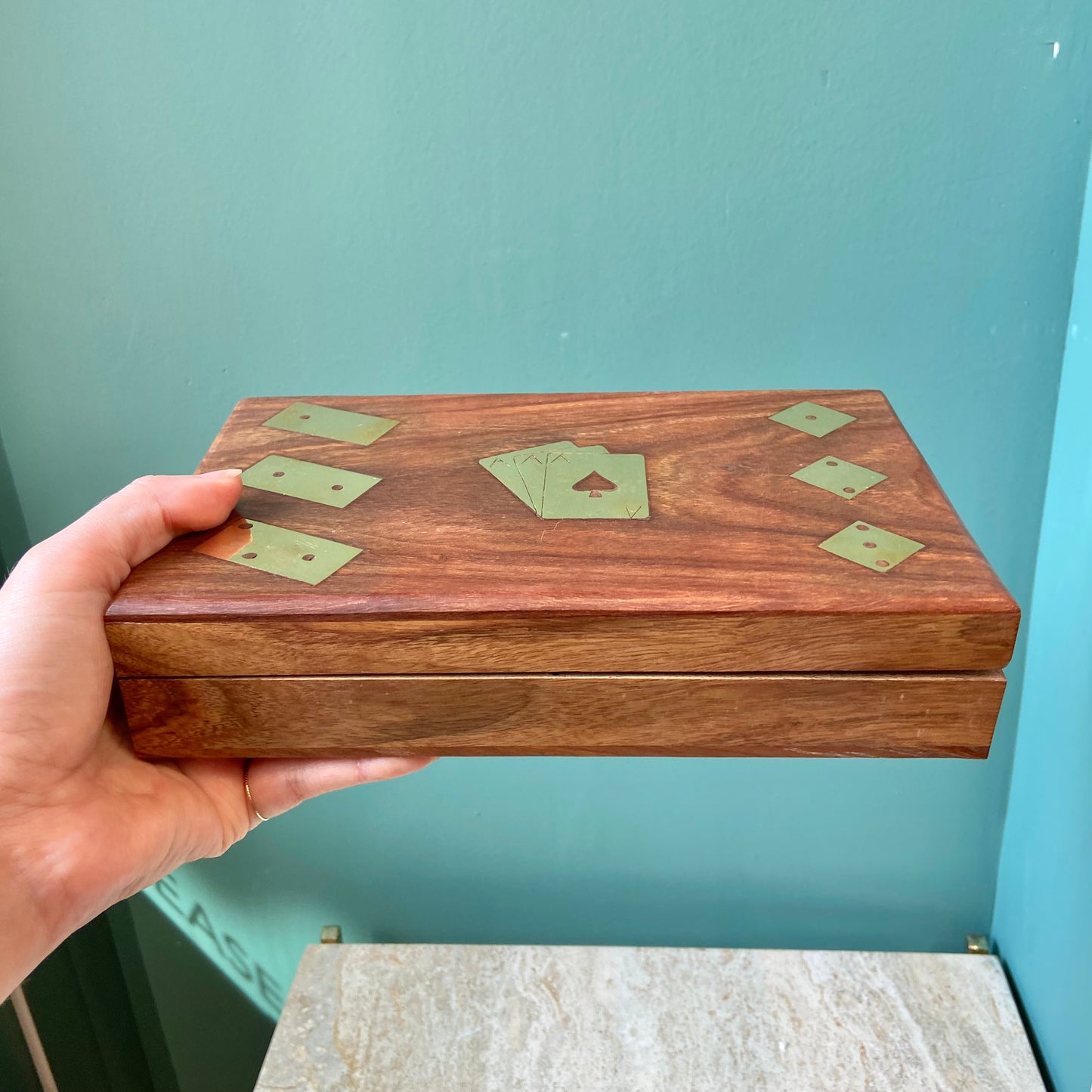 Wood and Brass Game box with Cards, Dice & Dominos
