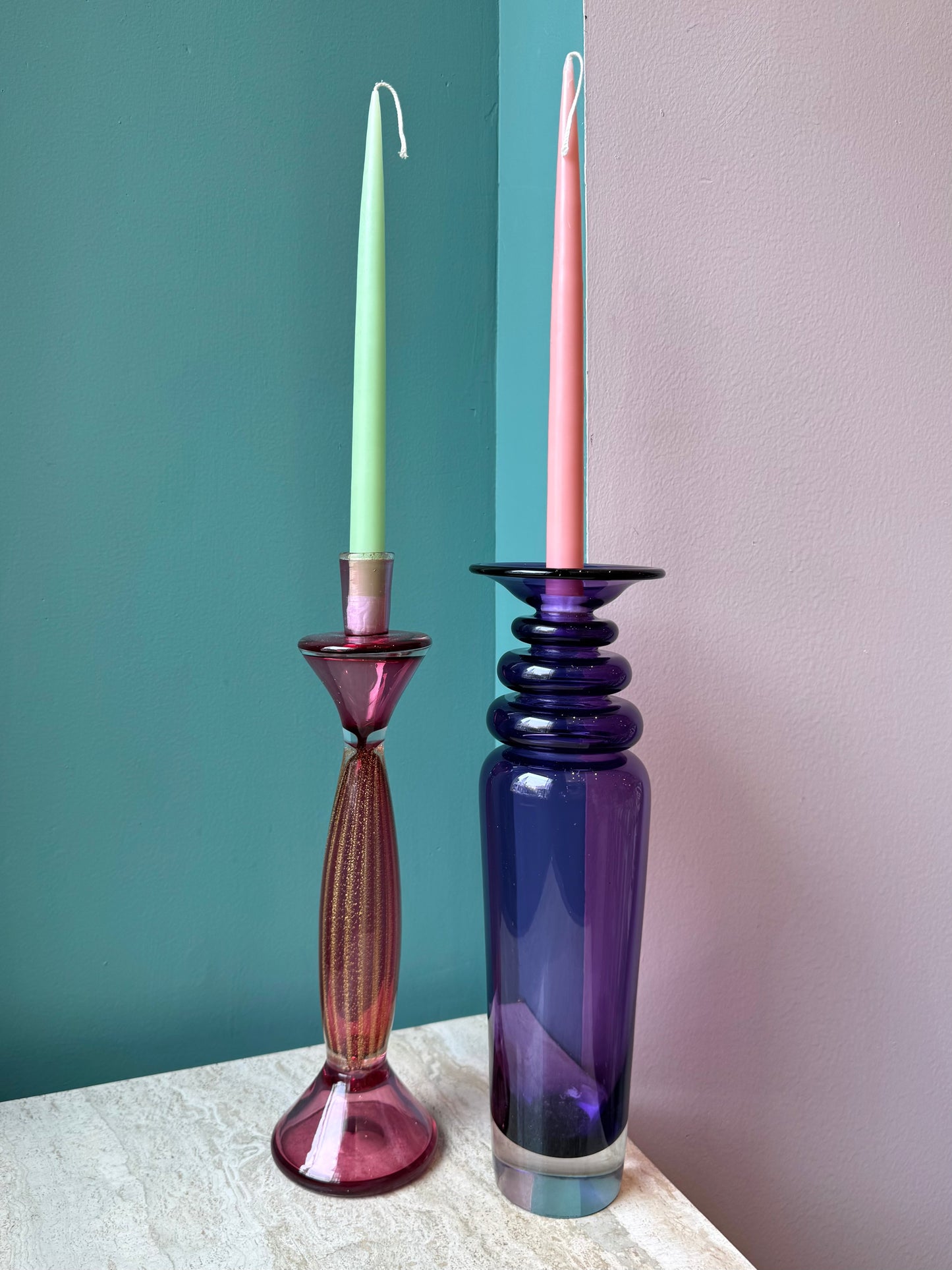 Vintage Tall Pink Murano Glass Candlestick Holder - signed