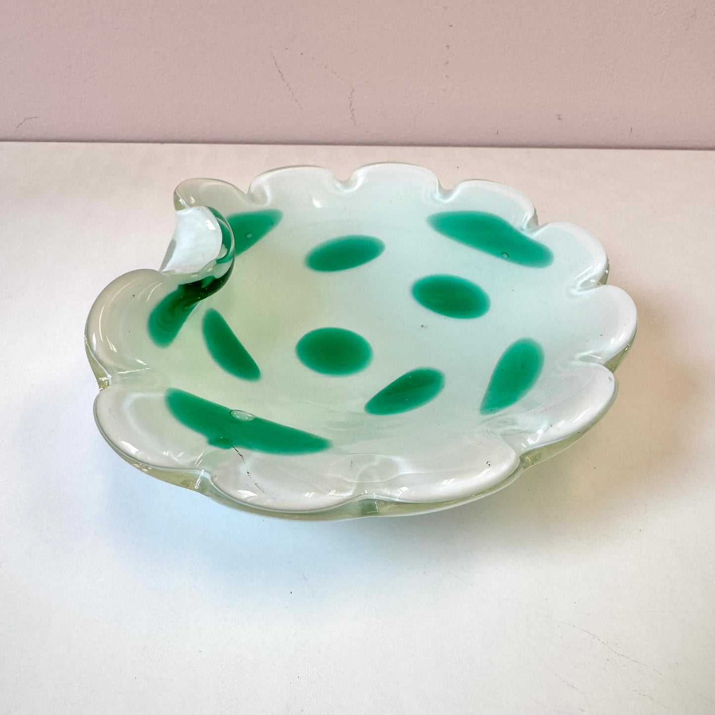 Vintage White and Green Murano Glass Scallop Edged Bowl