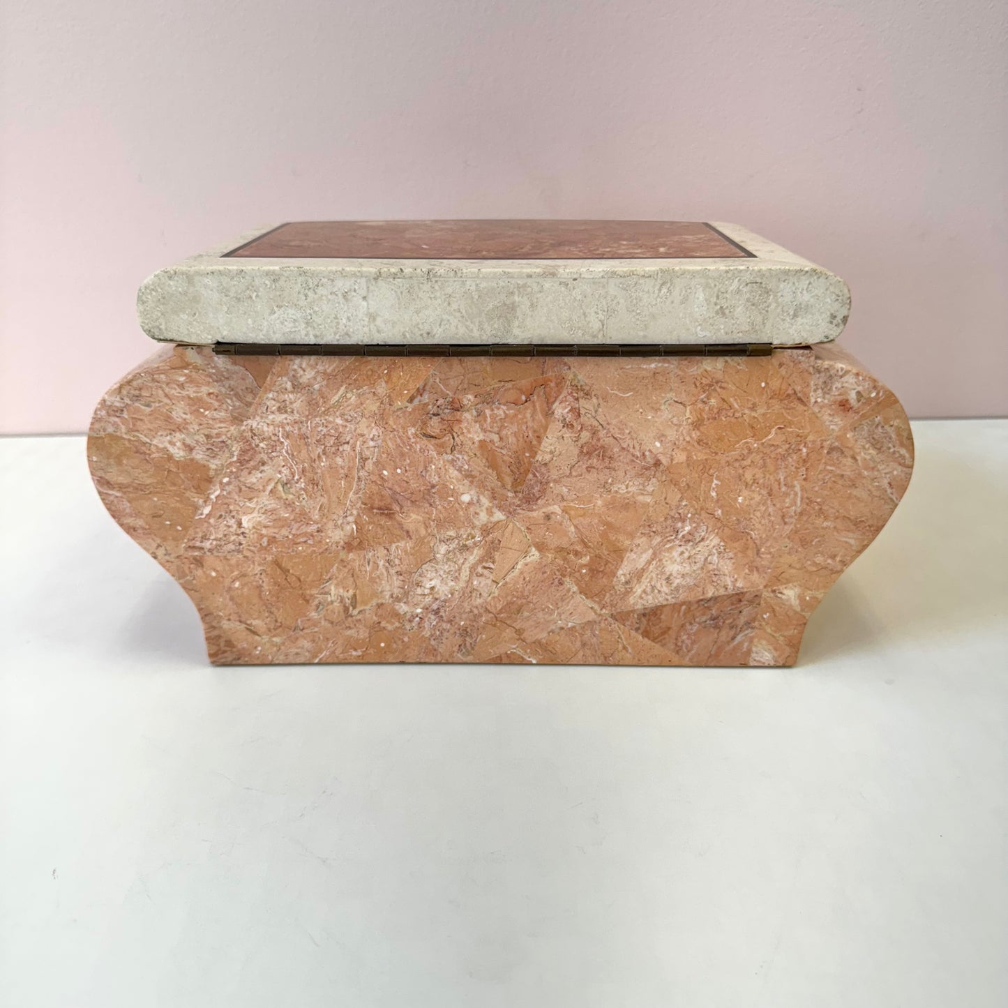 Vintage Maitland Smith Style Pink and Cream Tessellated Stone Box
