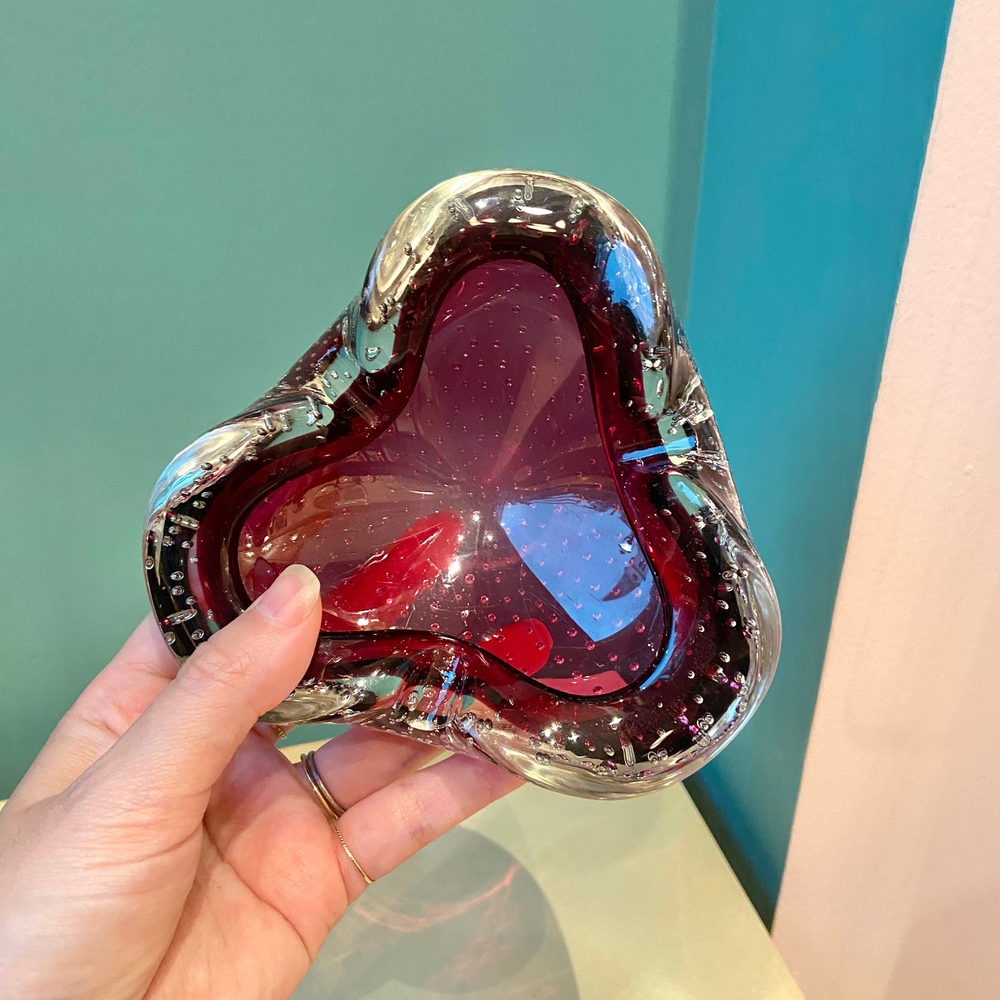 Vintage Garnet and Clear Bullicante Glass Ashtray