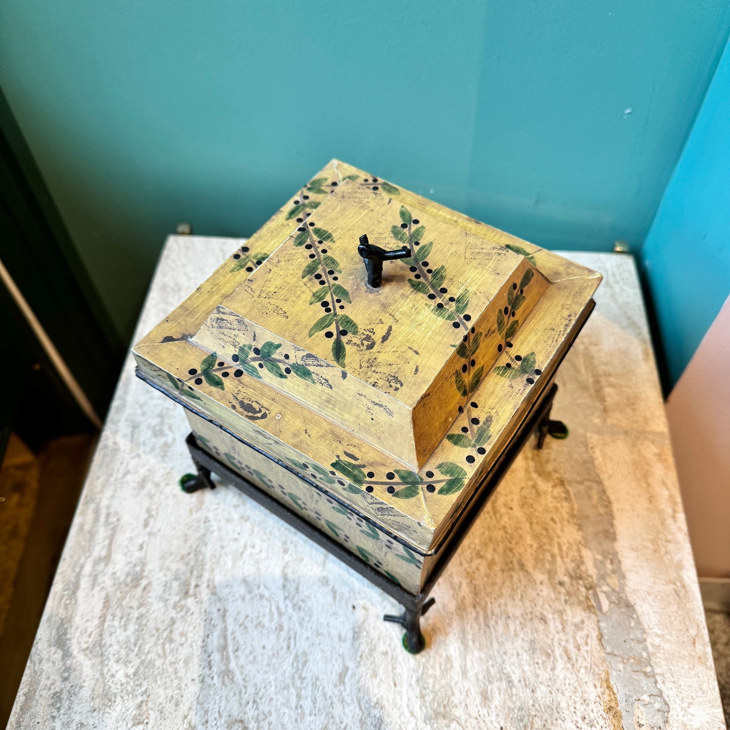 Vintage Hand Painted Berry and Vine Metal Box