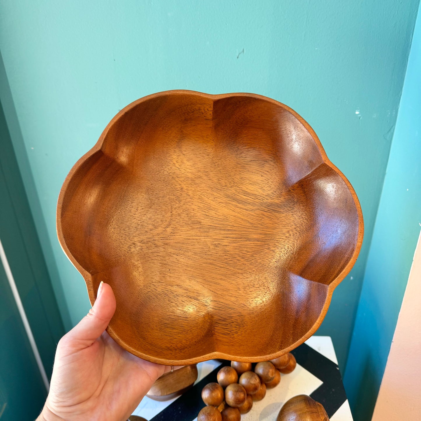 Mid Century Carved Monkey Pod Wooden Fruit and Bowl