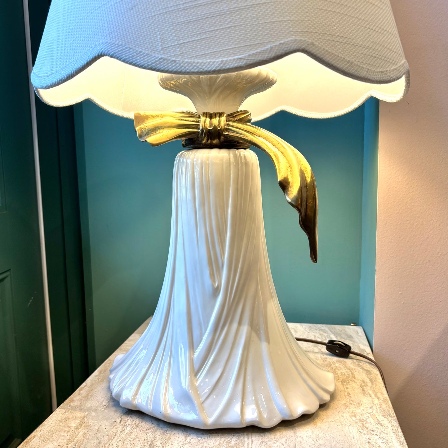 Vintage Ceramic Draped Cloth and Brass Bow Lamp with Scallop Shade by Chapman