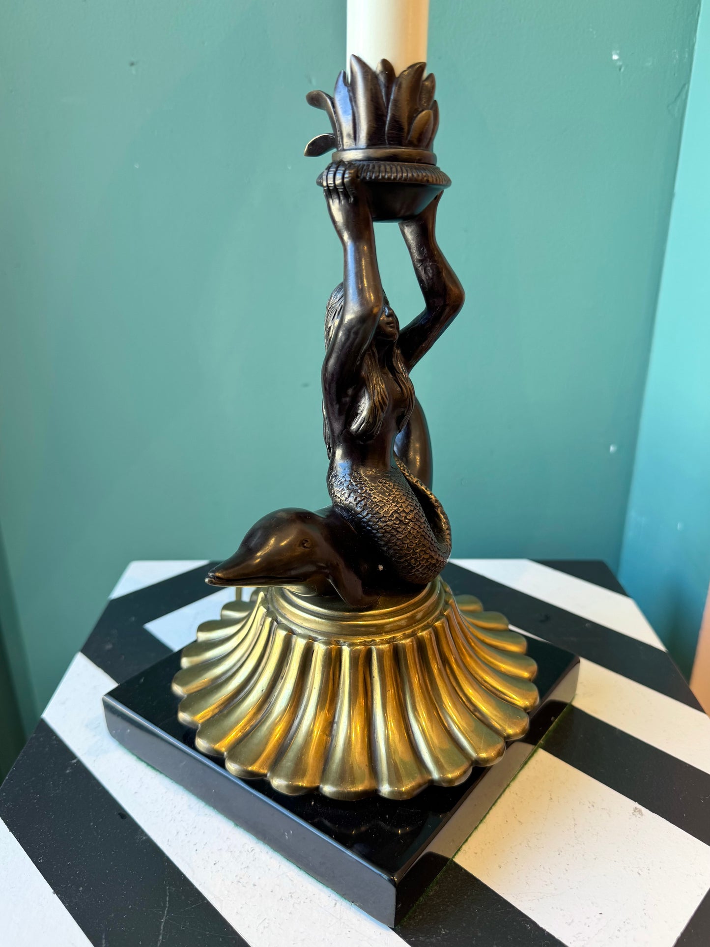 Vintage Mermaid and Dolphin Brass and Bronze Table Lamp with Shade