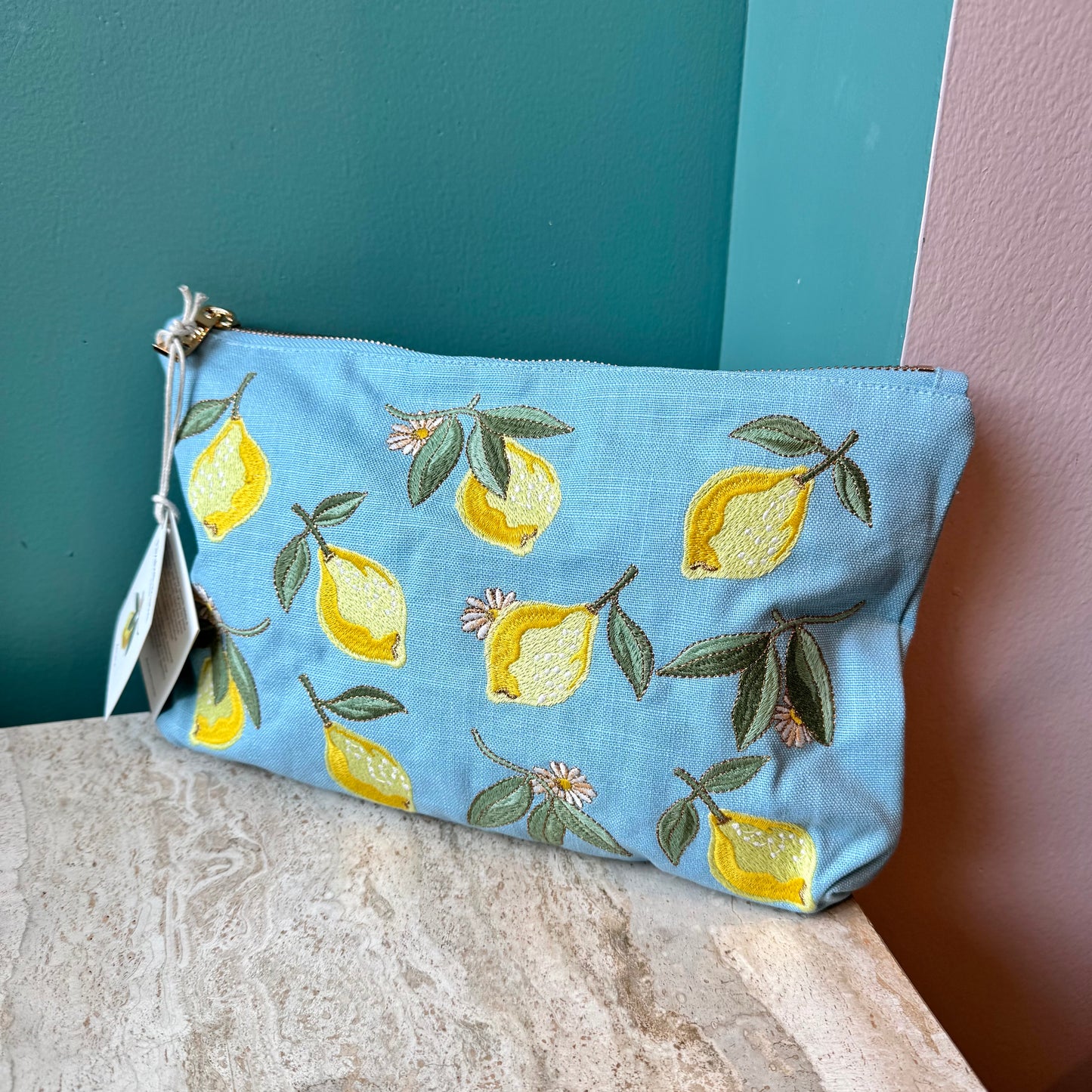 Sky Blue Linen Cotton Lemon Blossom Everyday Pouch by Elizabeth Scarlett