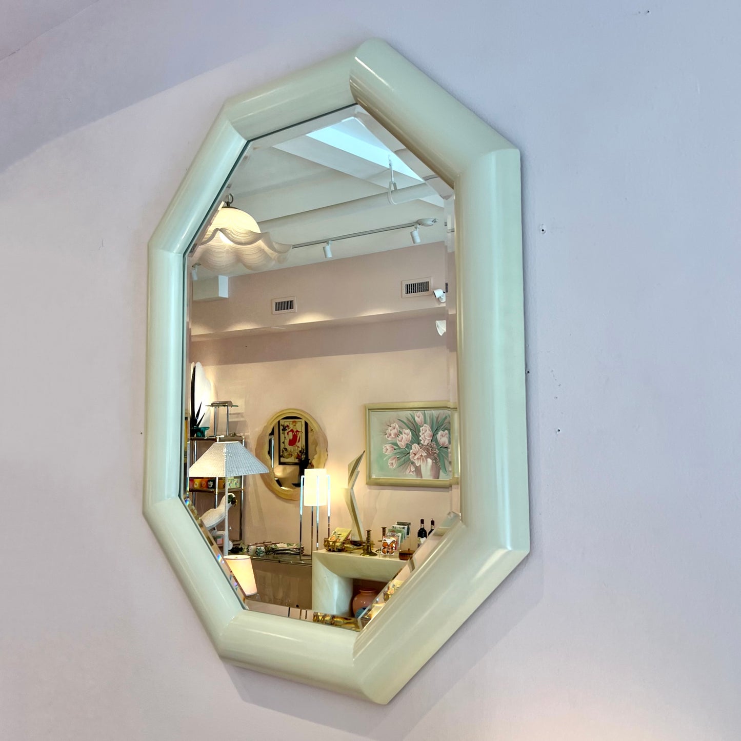 Vintage Octagonal Cream Lacquer Bullnose Mirror