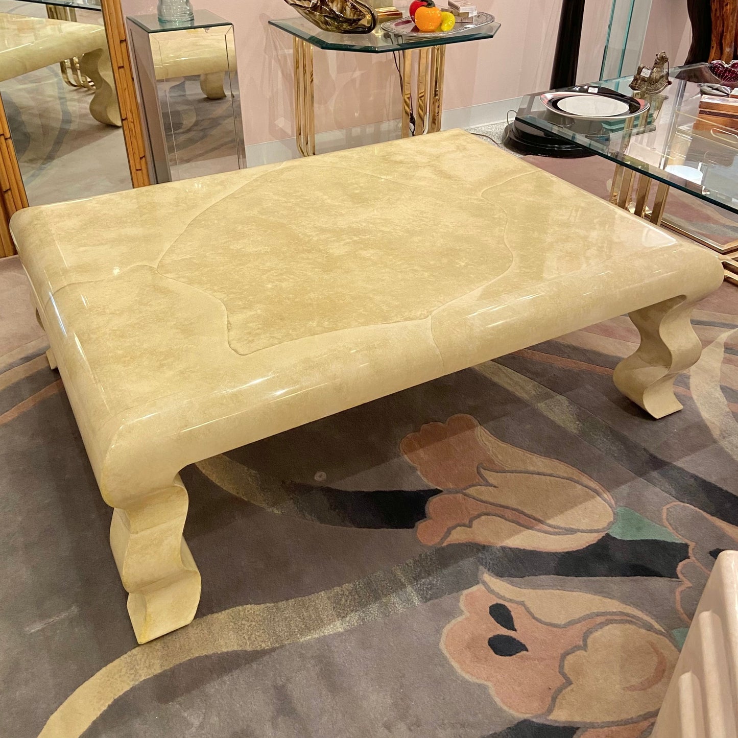 Vintage Faux Goatskin Lacquer Wavy Leg Coffee Table