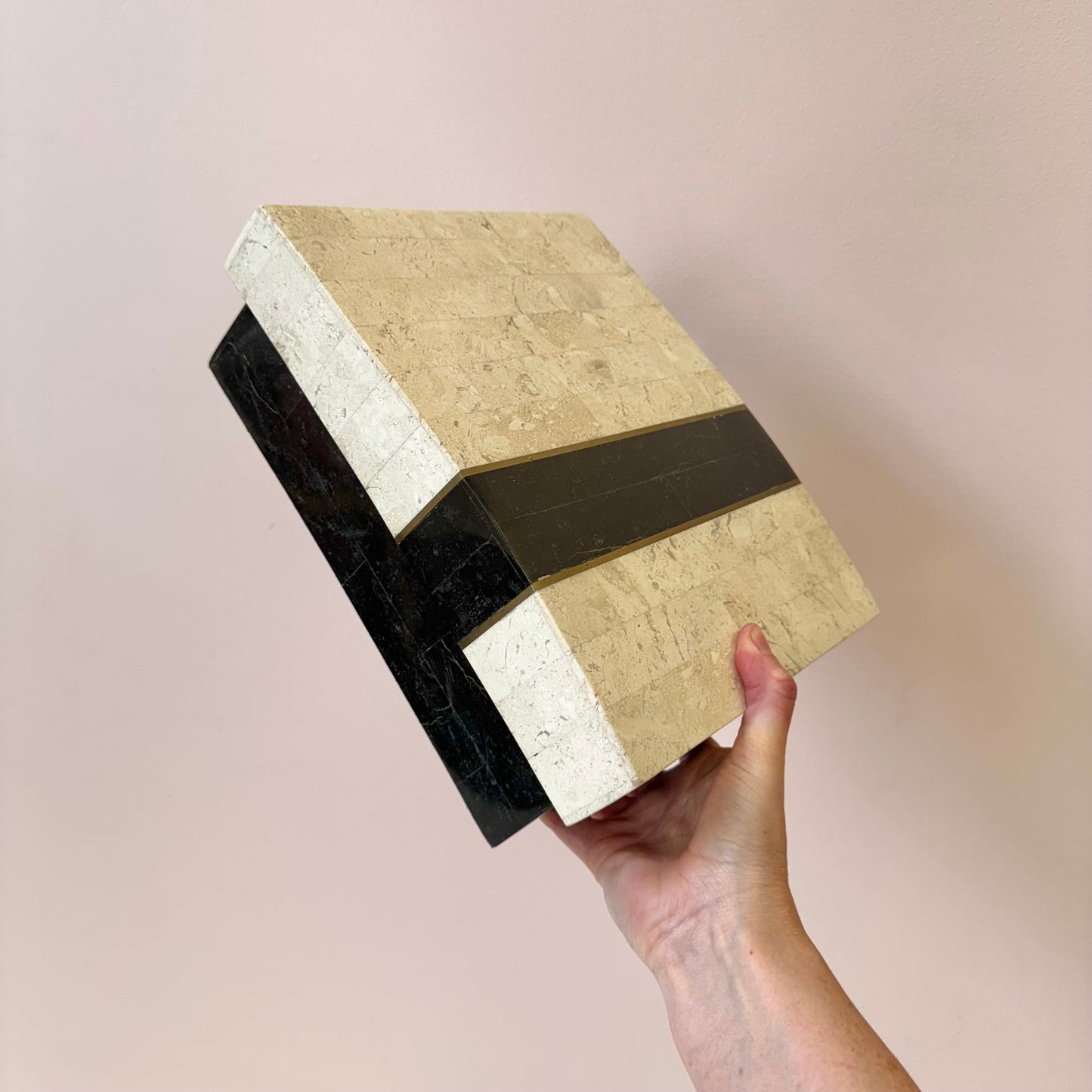 Vintage Maitland Smith Style Black and Cream Tessellated Stone Box