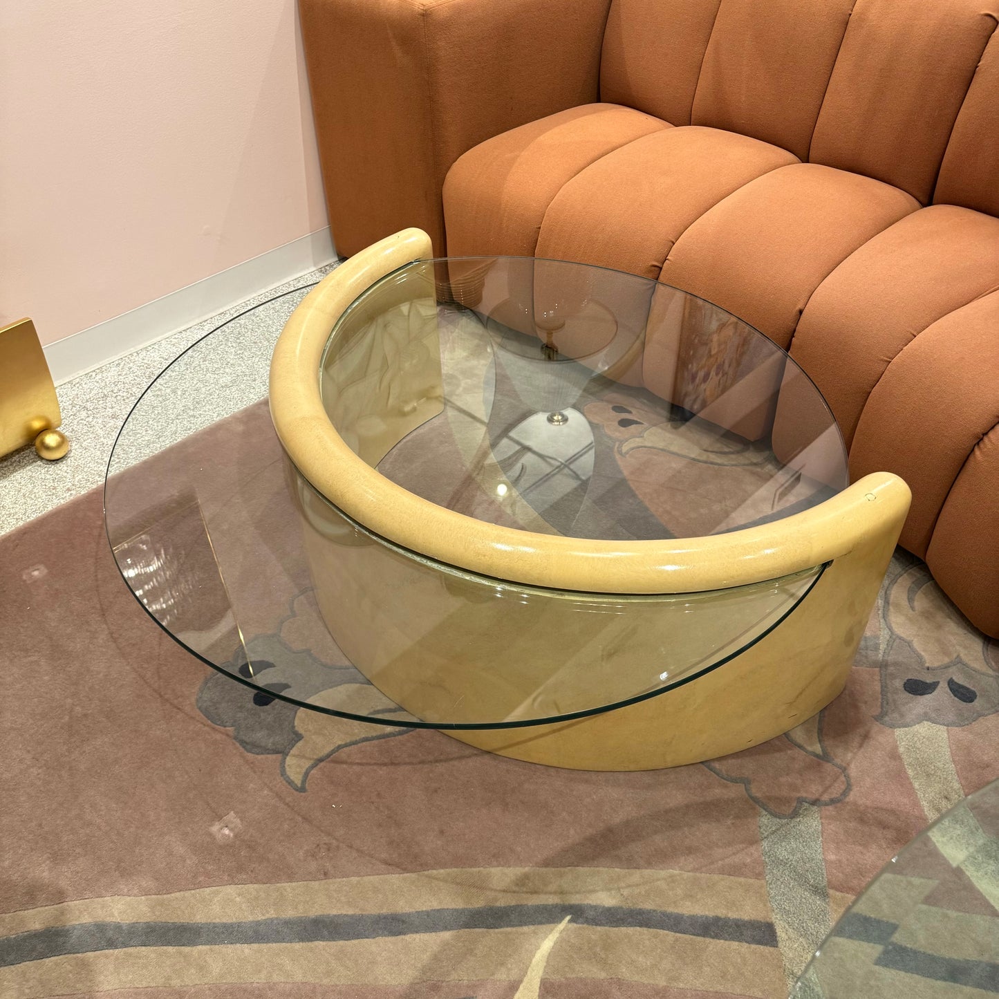 Vintage Round Coffee Table with Half Moon Faux Goatskin Base
