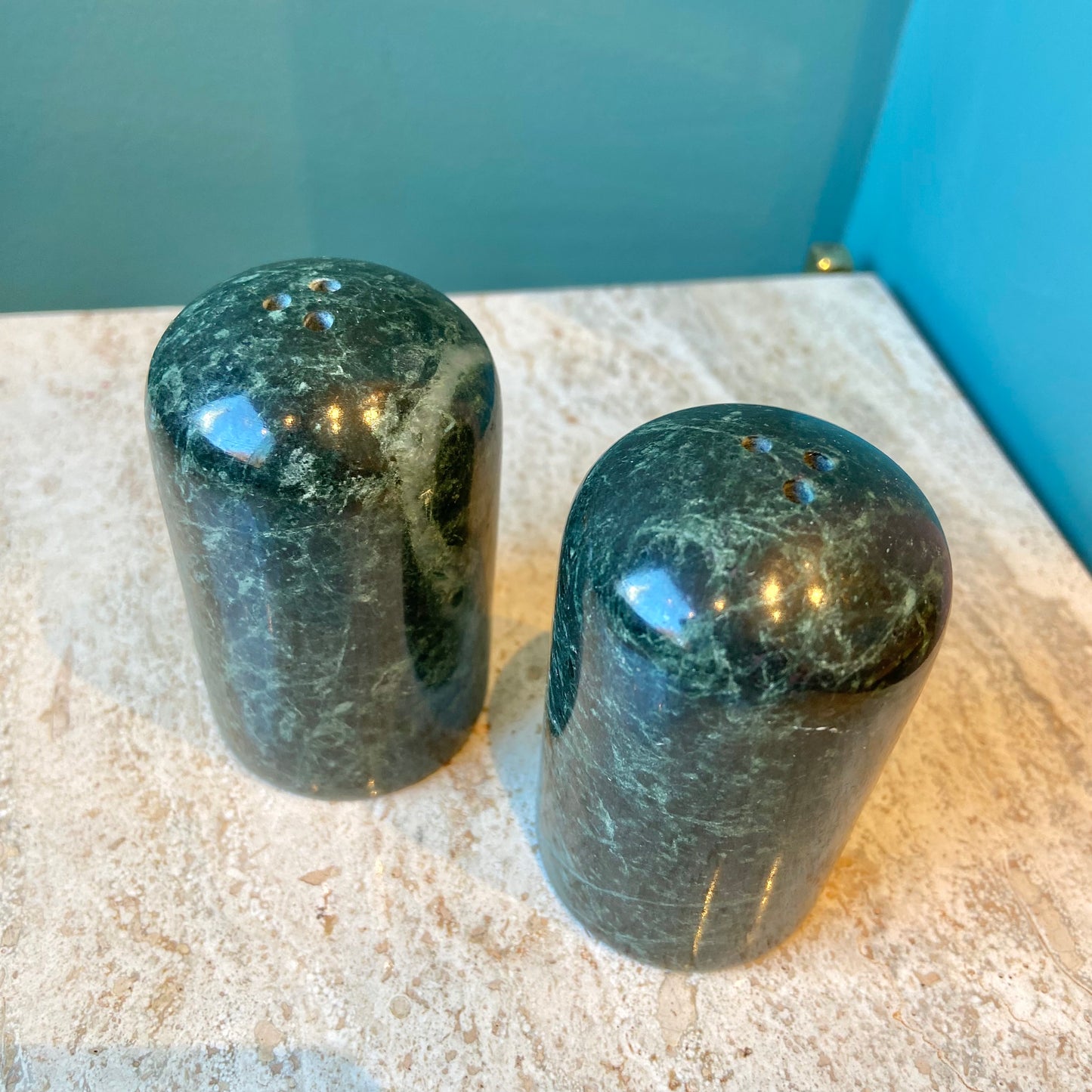 Pair of Green Marble Salt and Pepper Shakers