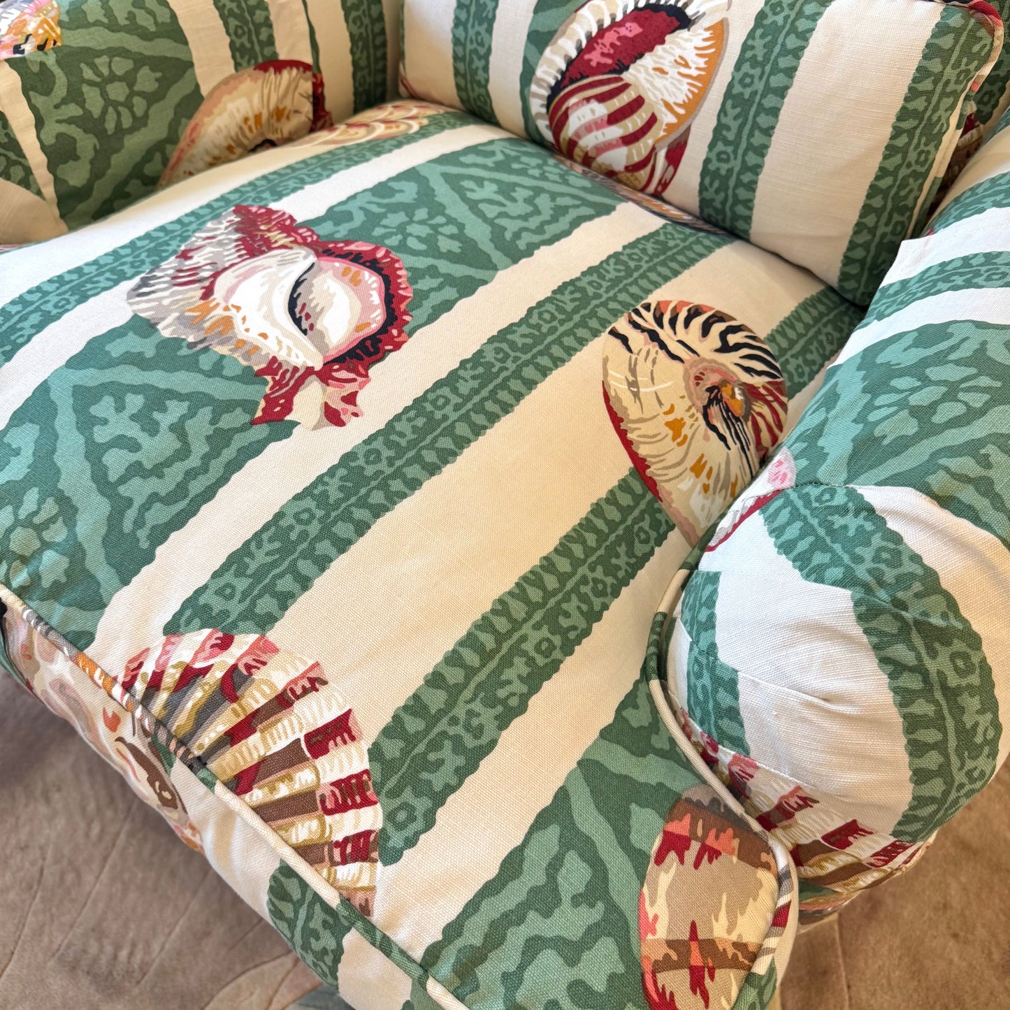 Vintage Green Stripe Shell Upholstered Armchair/item