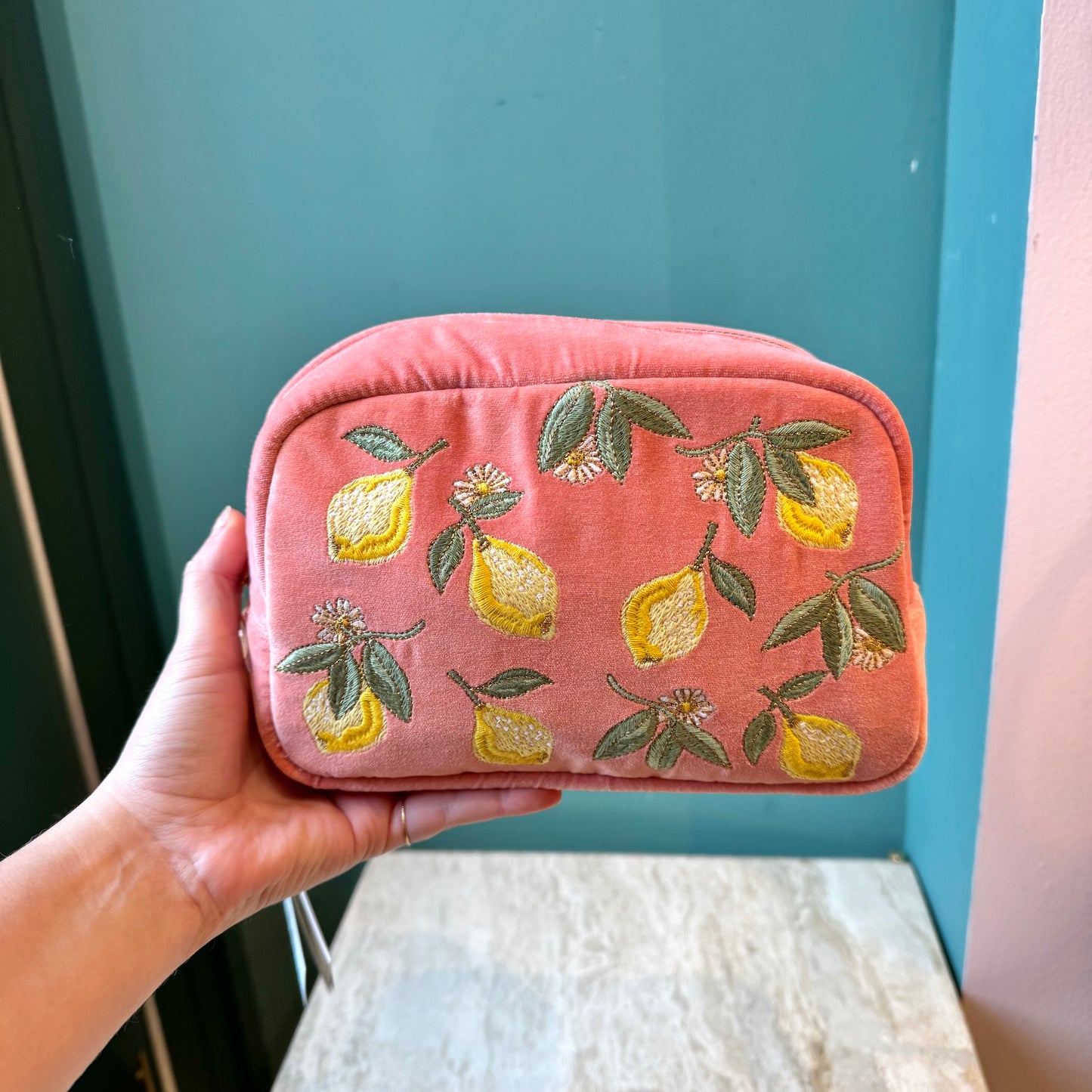 Pink Velvet Lemon Blossom Makeup Bag by Elizabeth Scarlett