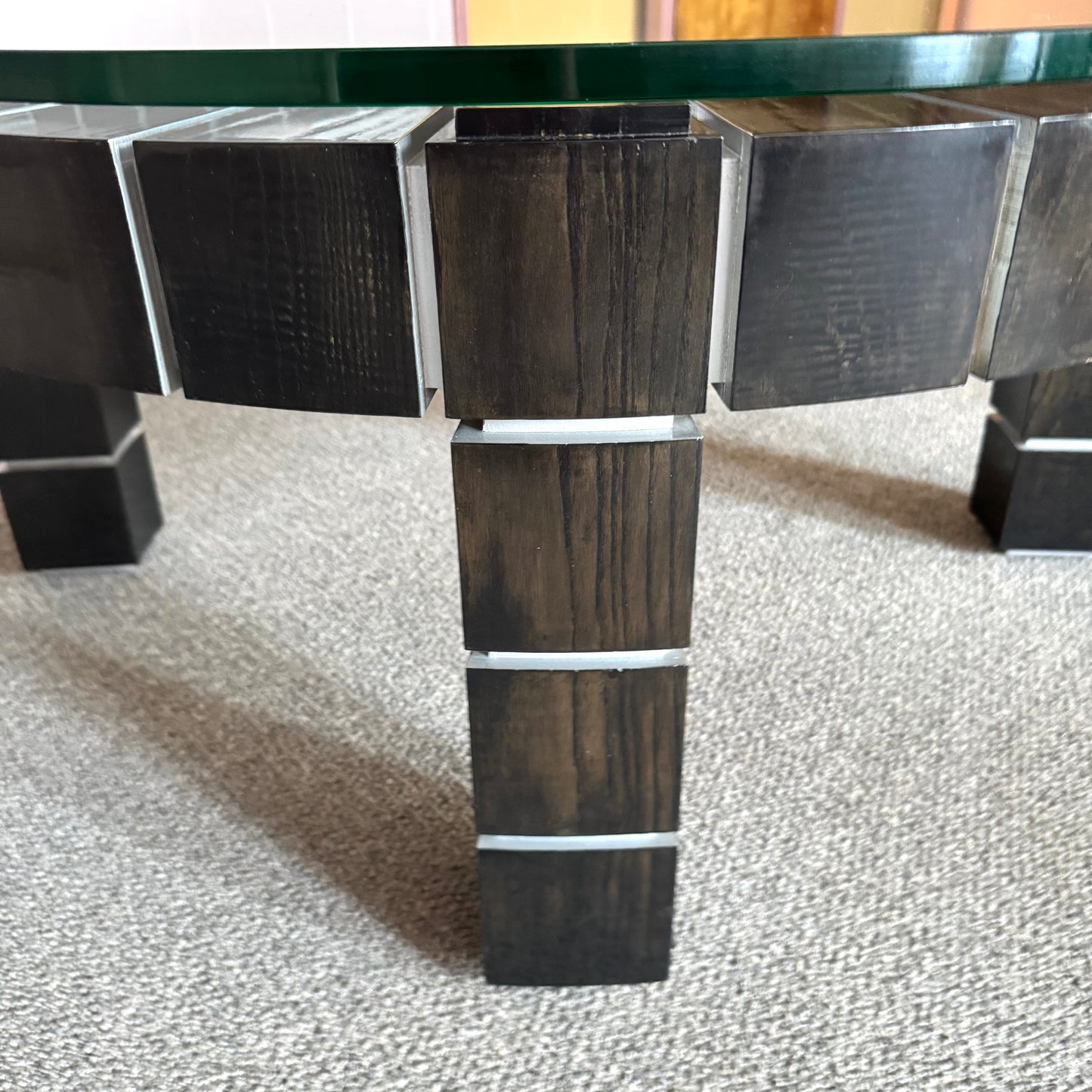 Vintage Postmodern Dark Wood Block and Glass Circular Coffee Table