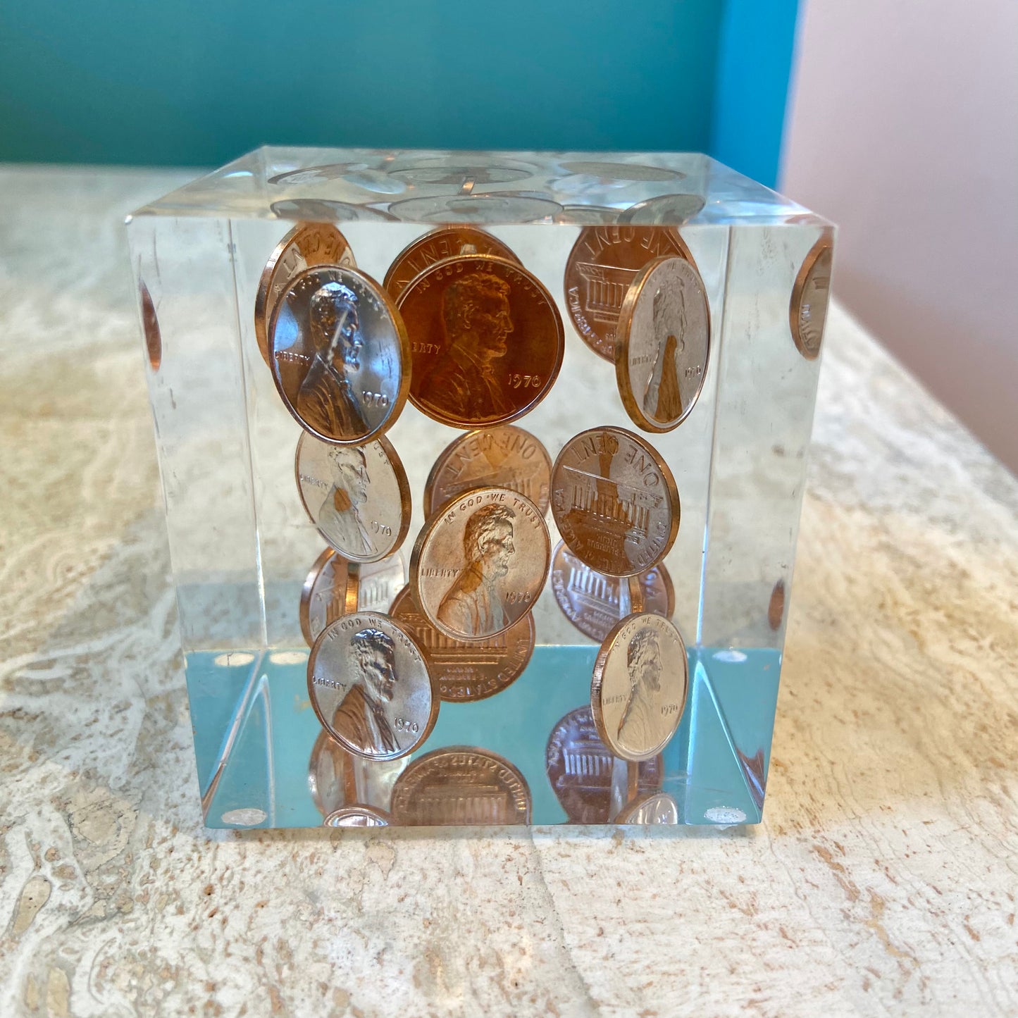 Vintage Lucite 1970 Penny Paperweight