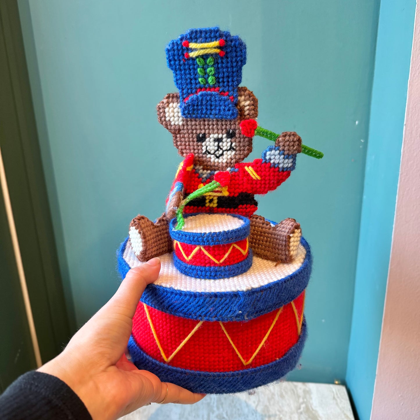 Vintage Crochet Drummer Bear Box