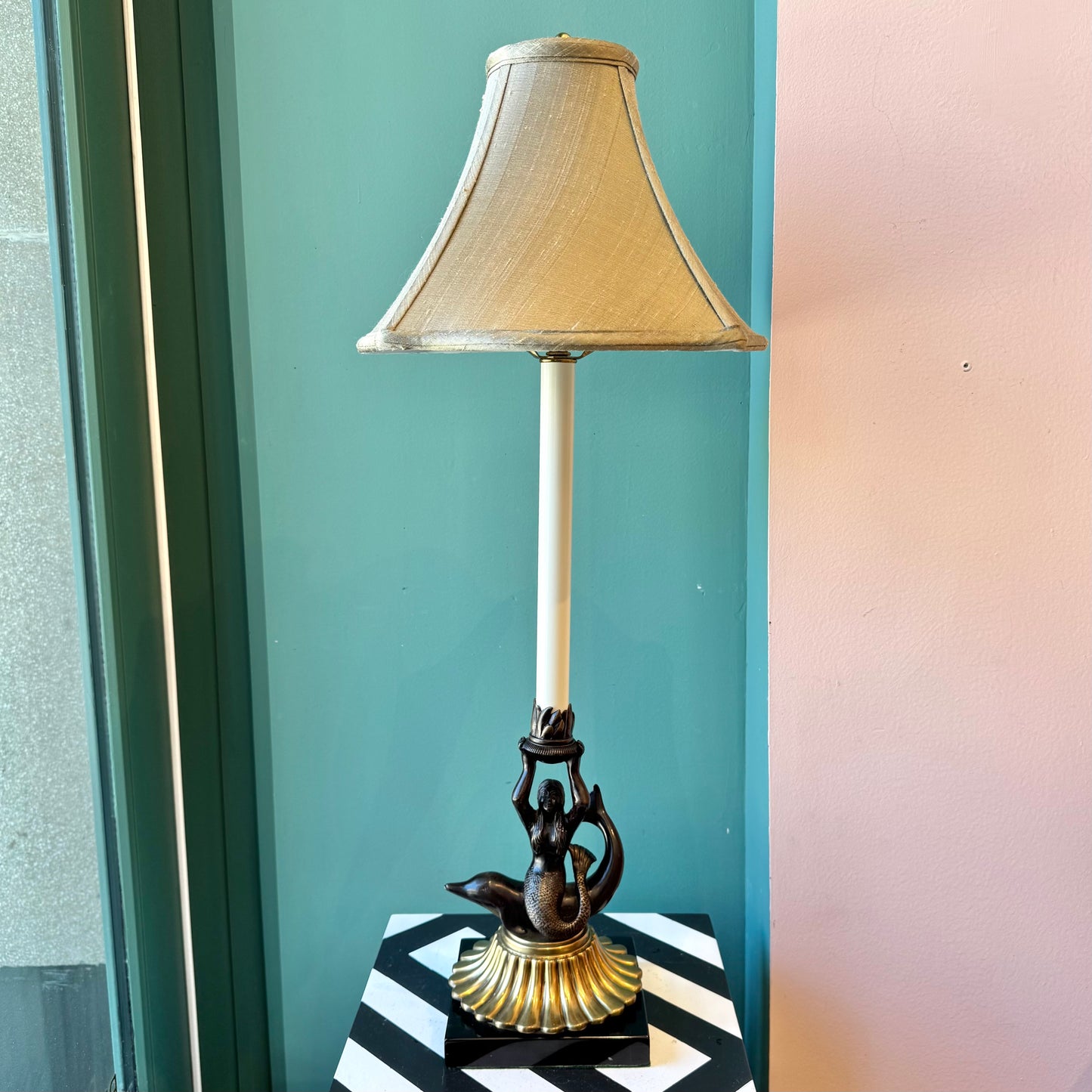 Vintage Mermaid and Dolphin Brass and Bronze Table Lamp with Shade