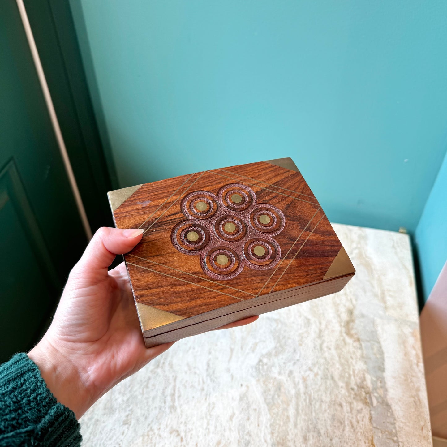 Vintage Rosewood and Brass Inlay Playing Card Box