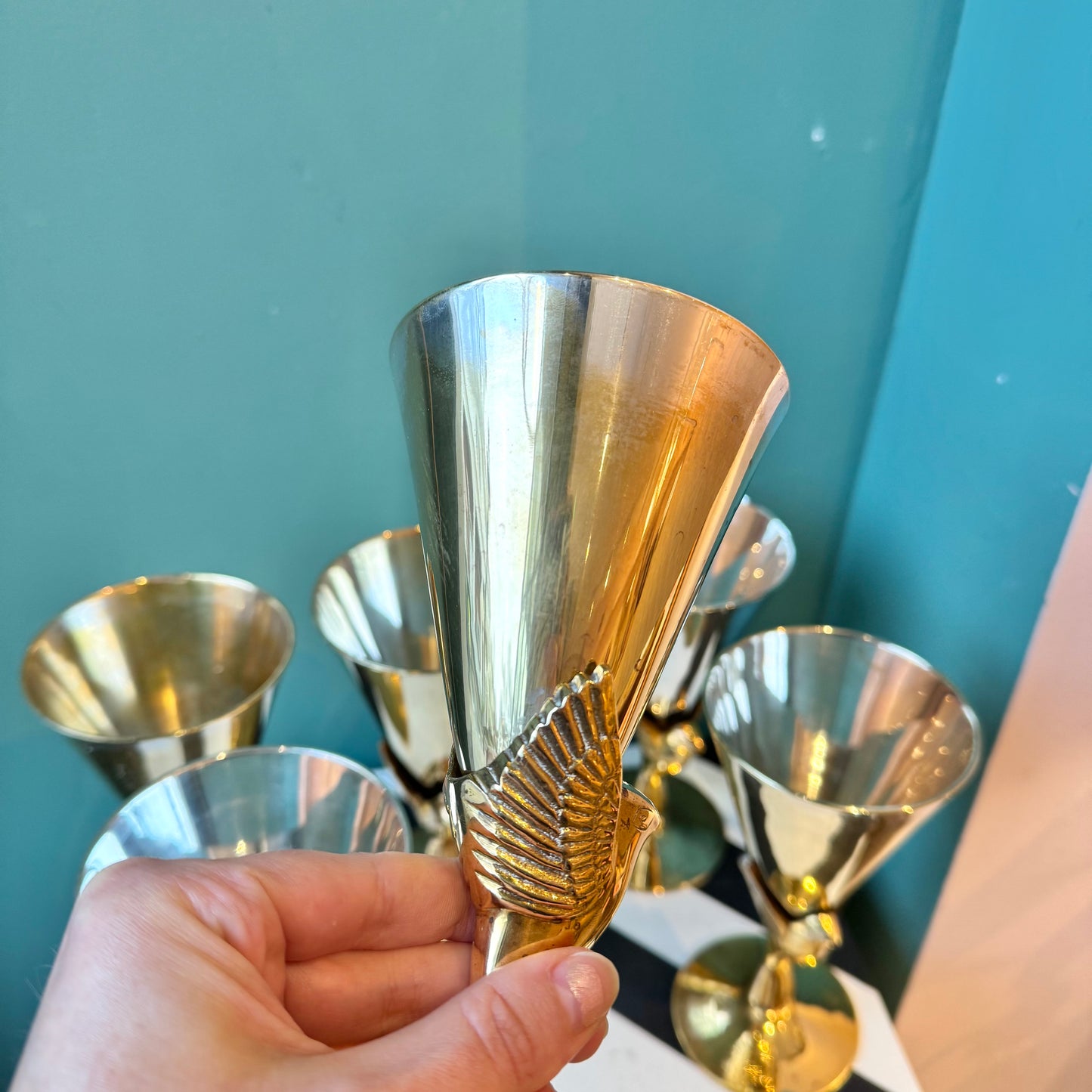 Set of 6 Vintage Silver Plated and Brass Dove Flute Glasses by Godinger