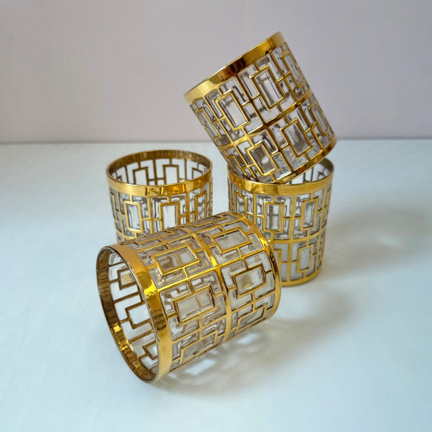 Vintage Set of 4 Imperial Glass Company Tumbler Glasses in the Gold Shoji Pattern
