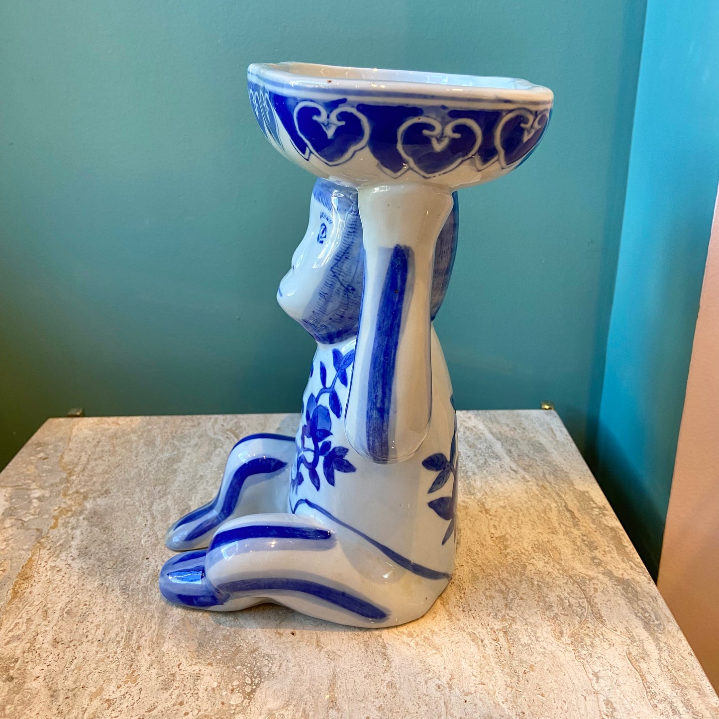 Vintage Chinoiserie Porcelain Monkey Holding a Bowl Statue