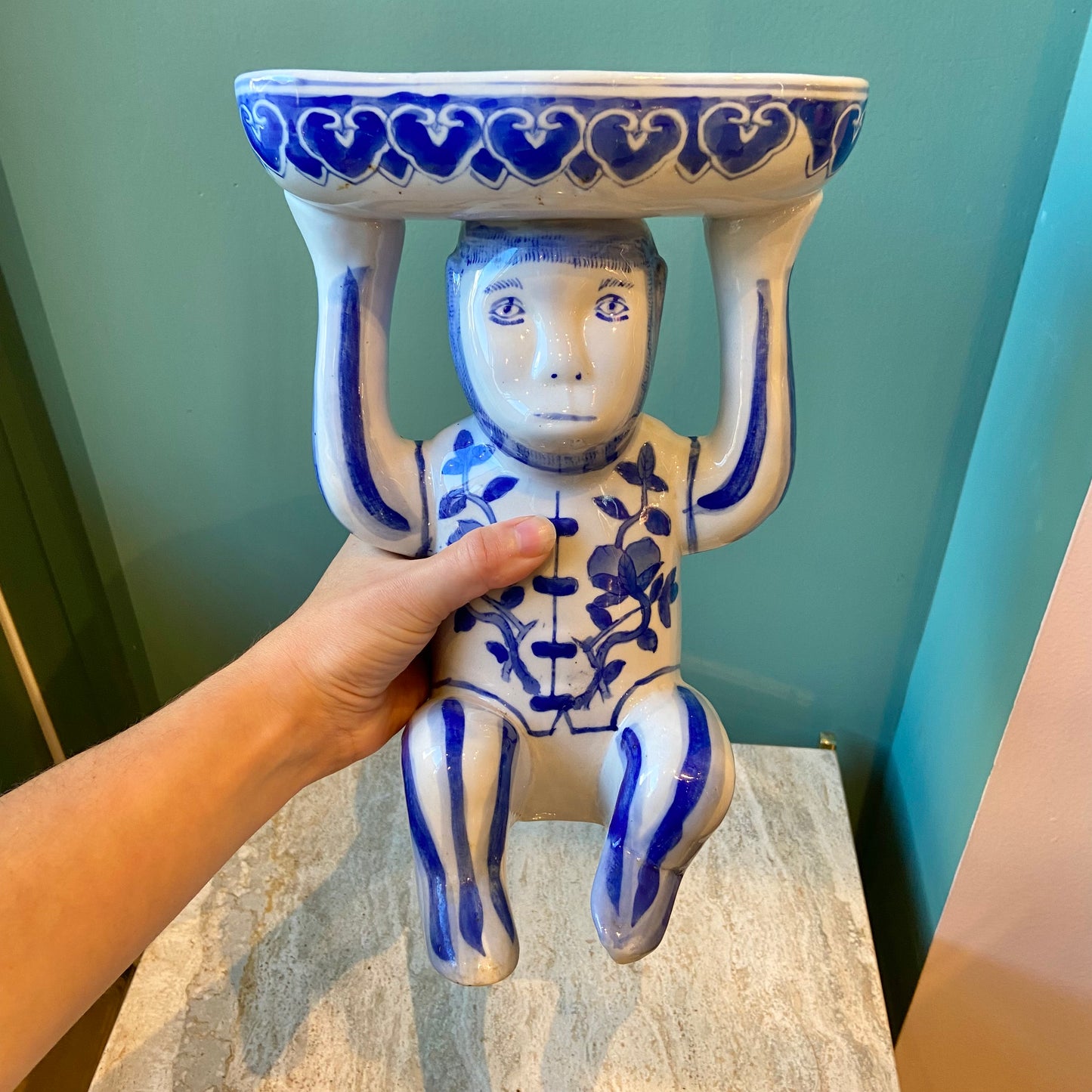 Vintage Chinoiserie Porcelain Monkey Holding a Bowl Statue
