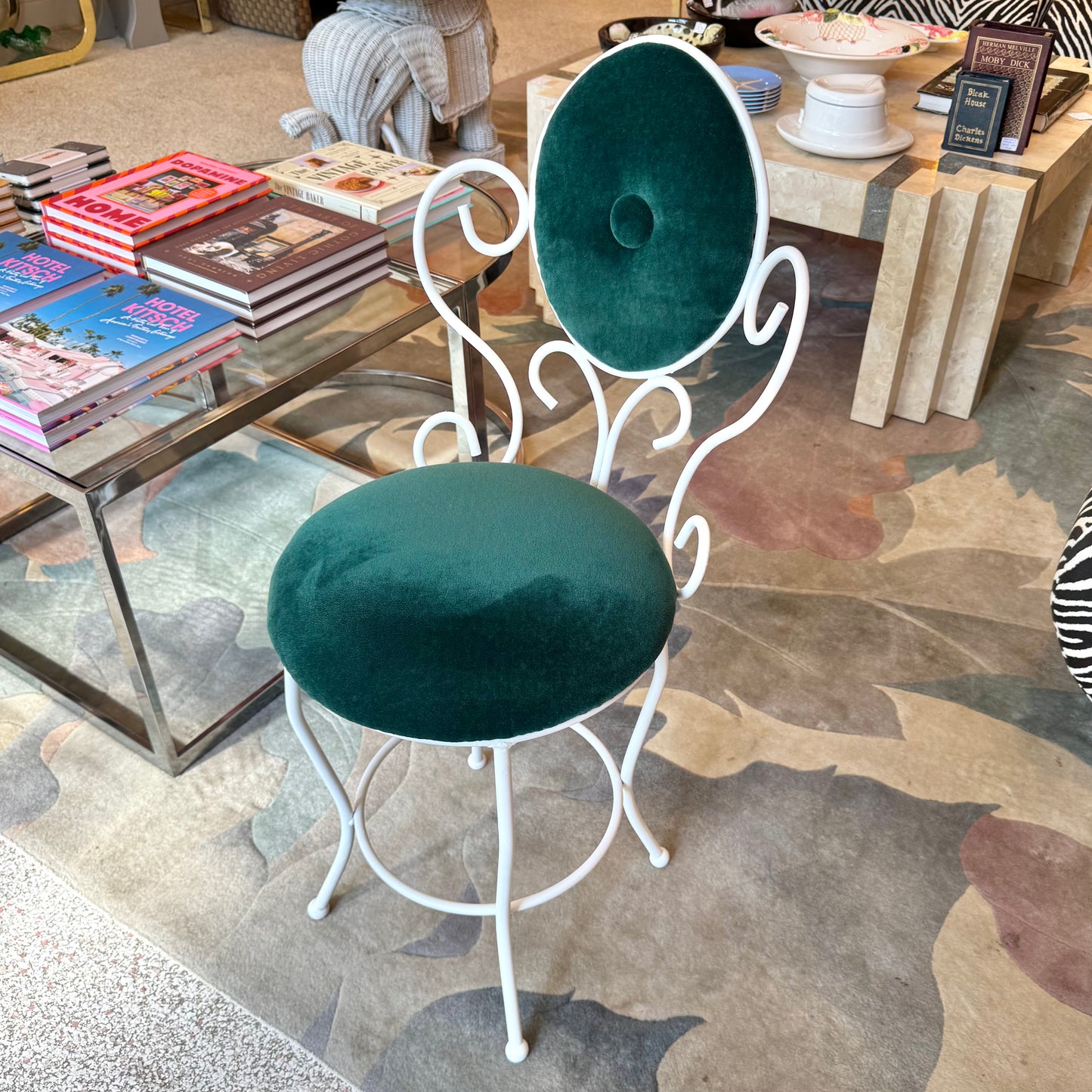 Vintage Small White Iron and Green Velvet Vanity Chair