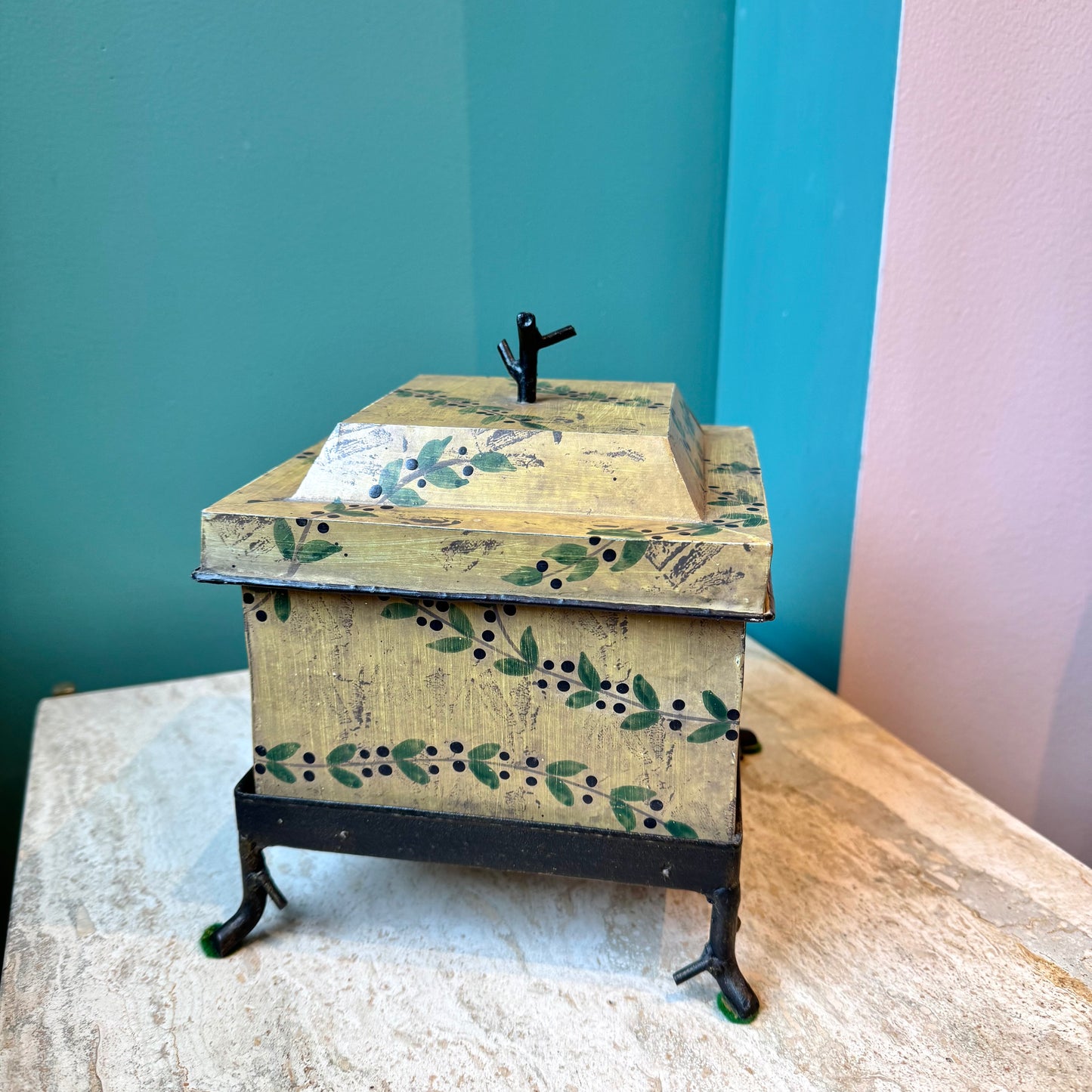 Vintage Hand Painted Berry and Vine Metal Box