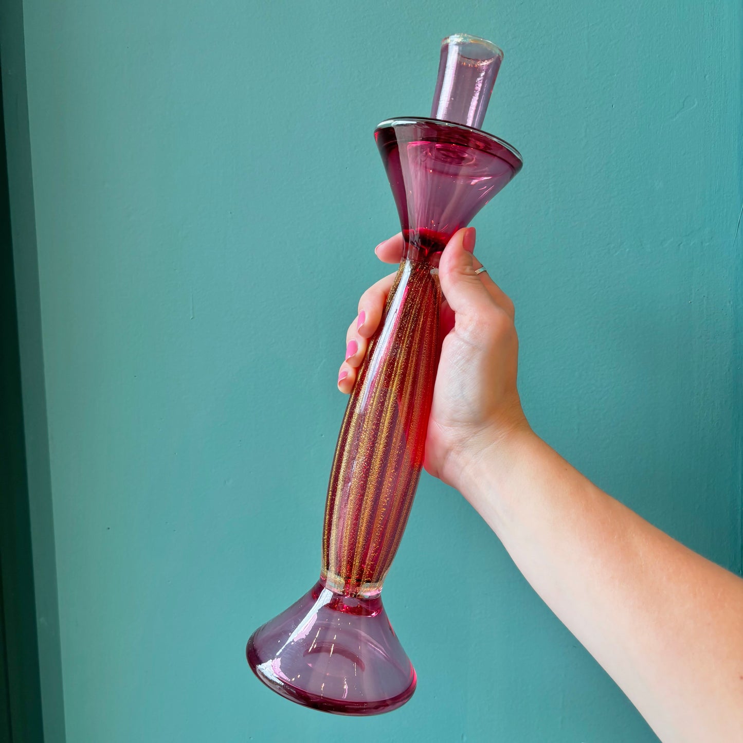 Vintage Tall Pink Murano Glass Candlestick Holder - signed
