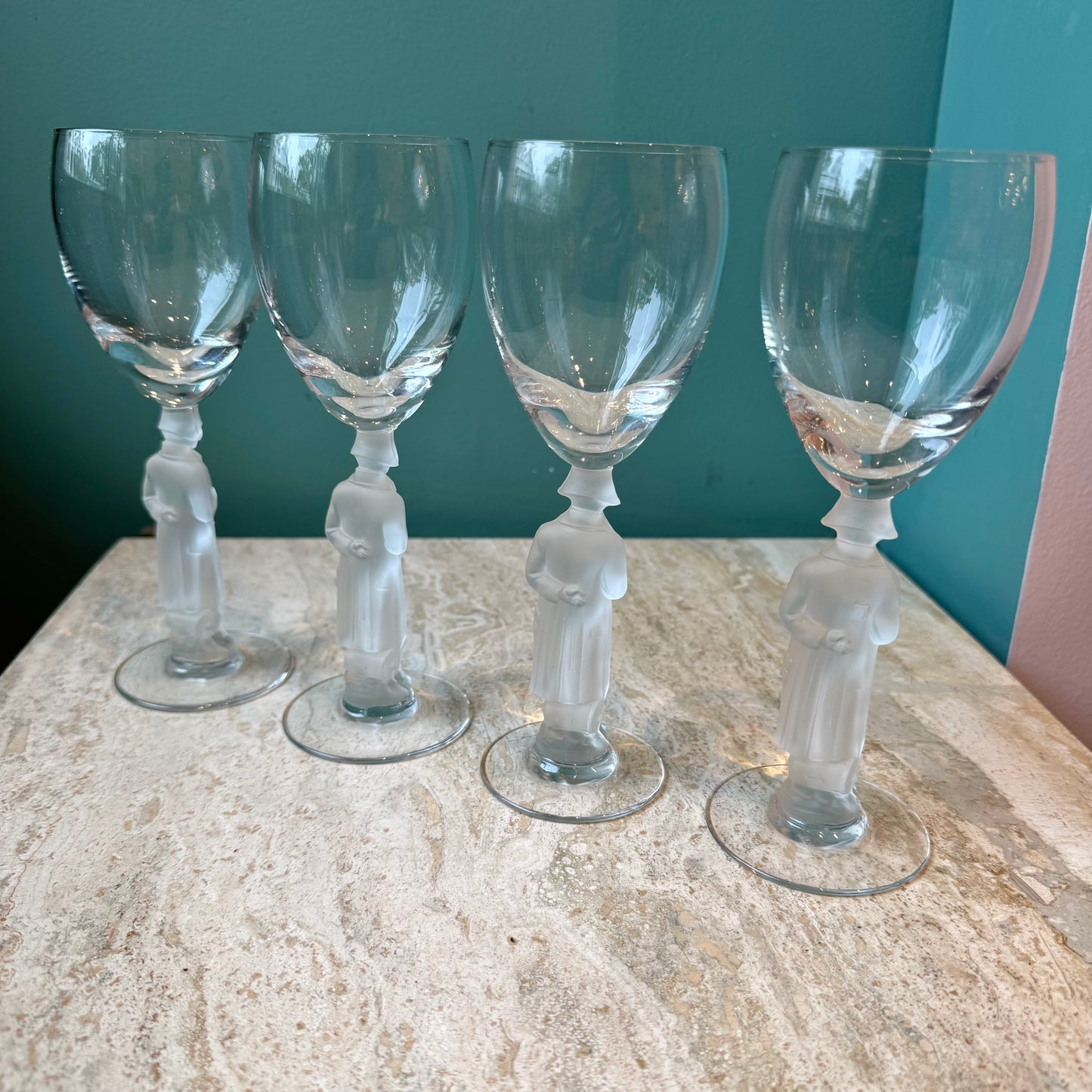 Vintage Set of 4 Bayel France Frosted Crystal Napoleon Cordial Glasses
