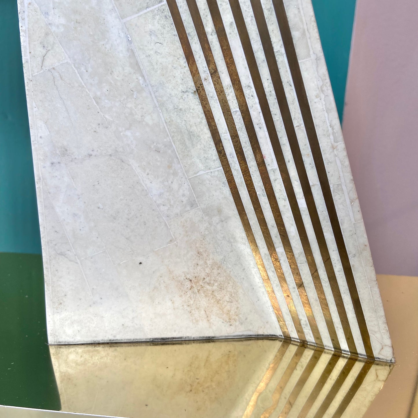 Vintage Tessellated Stone and Brass Inlay Sculpture