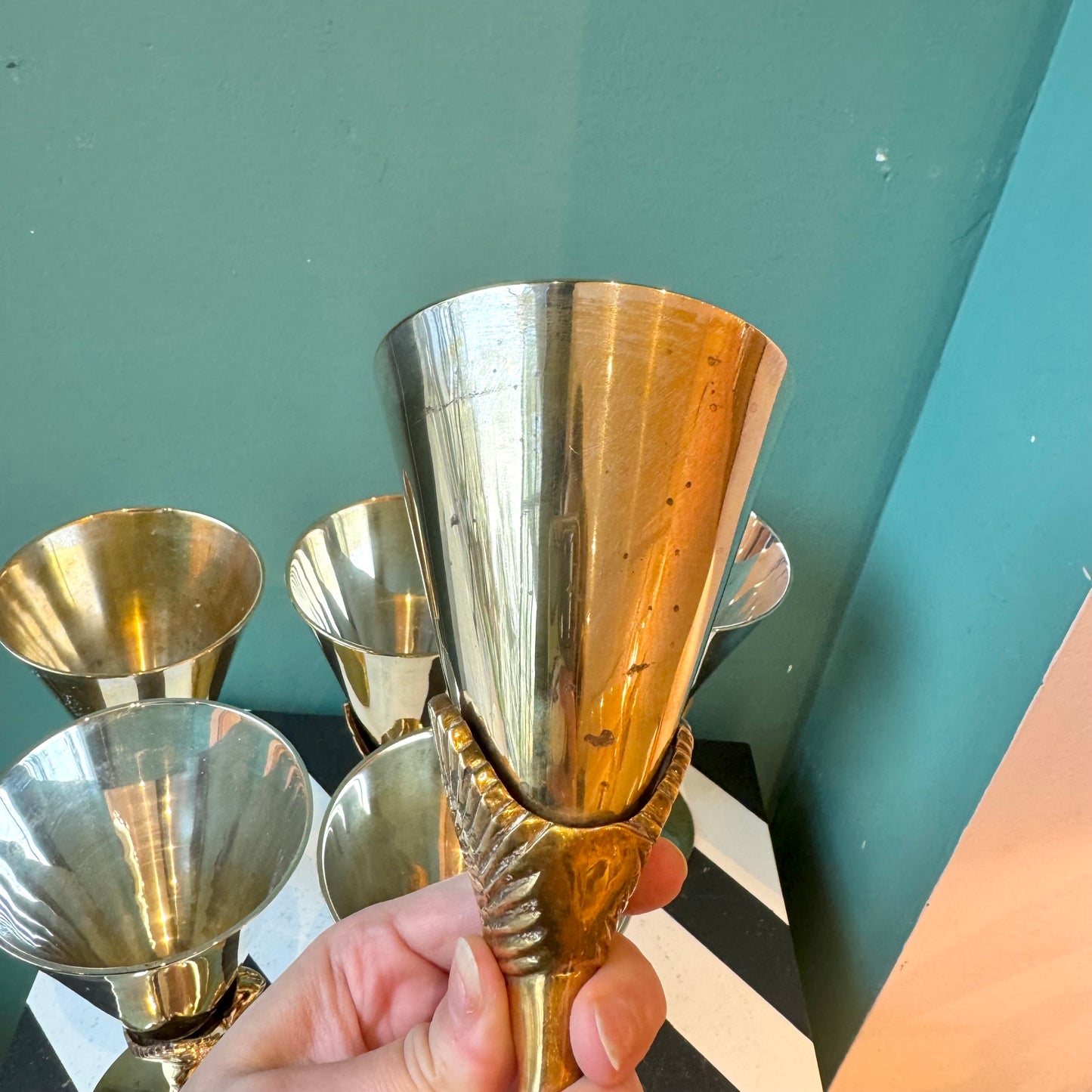 Set of 6 Vintage Silver Plated and Brass Dove Flute Glasses by Godinger