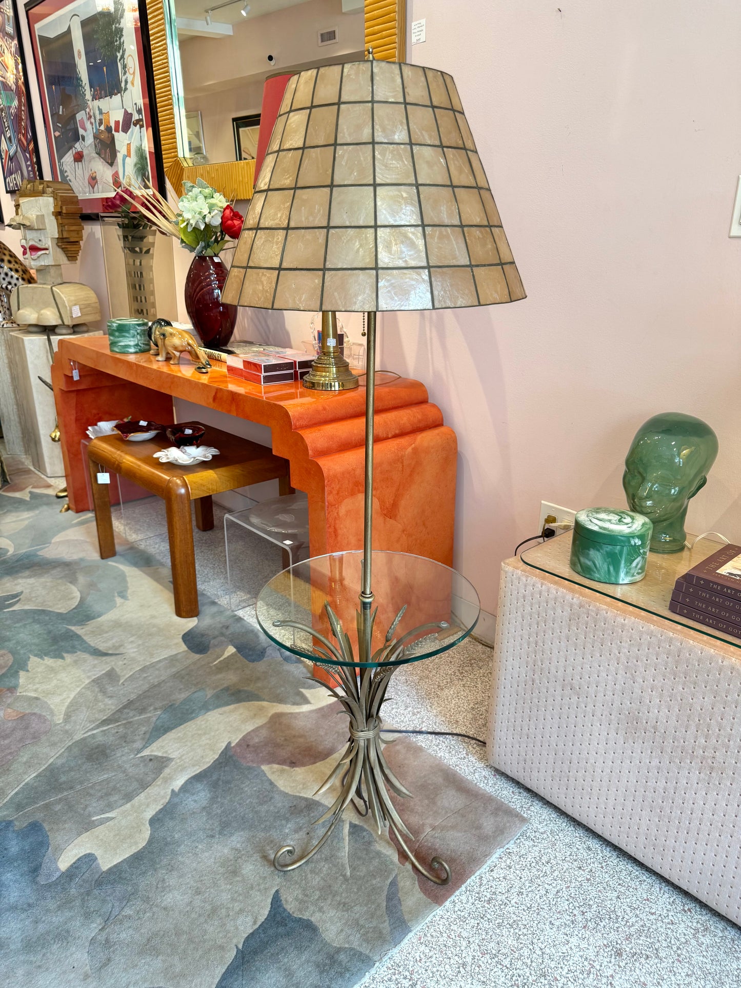 Vintage Capiz Shell Floor Lamp with Sheaf of Wheat Table