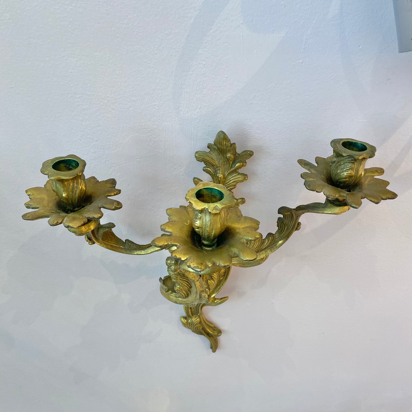 Pair of Antique Louis XV Rococo Style Brass 3 Arm Candle Sconces