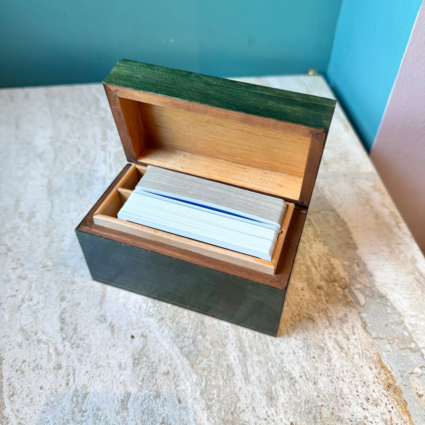 Vintage Green Wooden Playing Cards Box with Cards