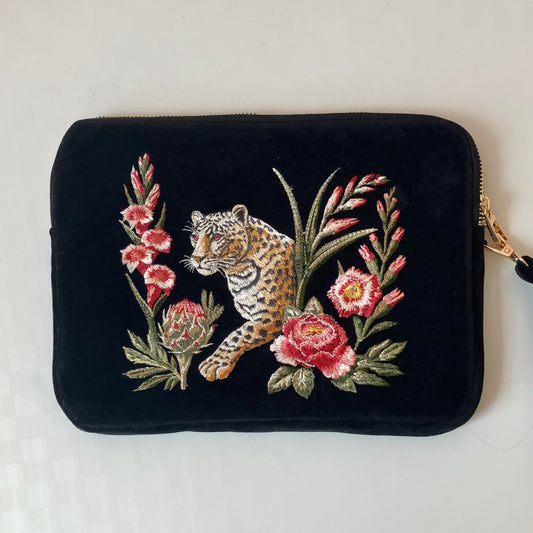 Black Velvet Embroidered Everything Pouch - Leopard