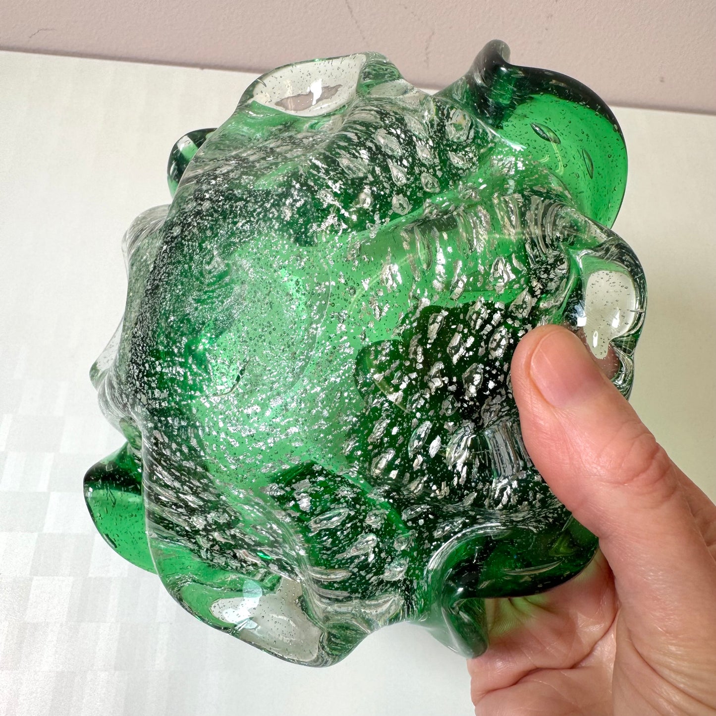 Vintage Green and Silver Leaf Murano Glass Bowl