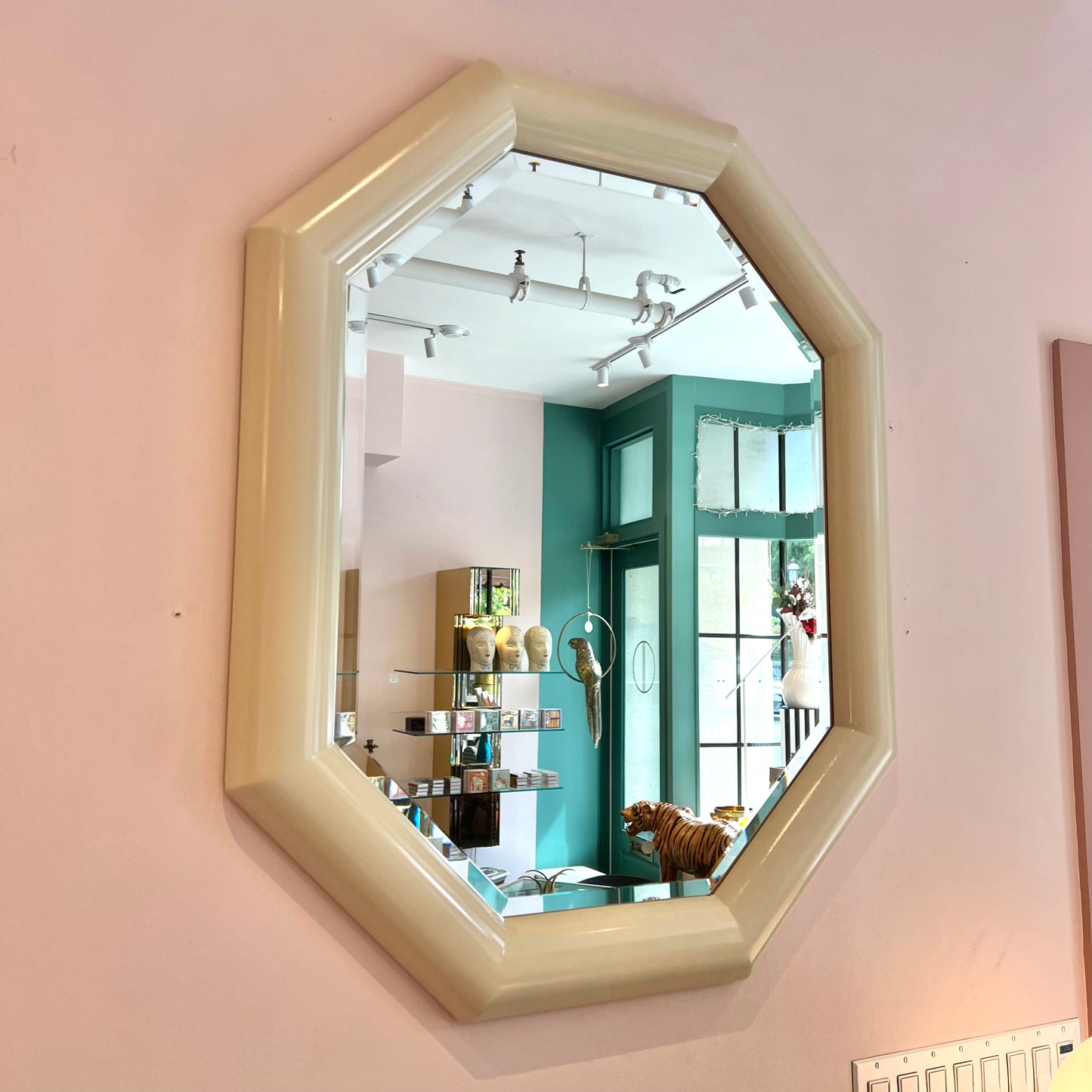 Vintage Octagonal Cream Lacquer Bullnose Mirror