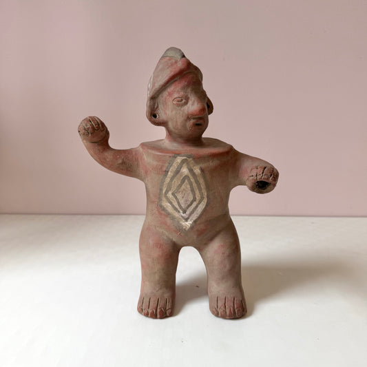 Vintage Mid-Century Handcrafted Aztec-Style Clay Warrior Sculpture
