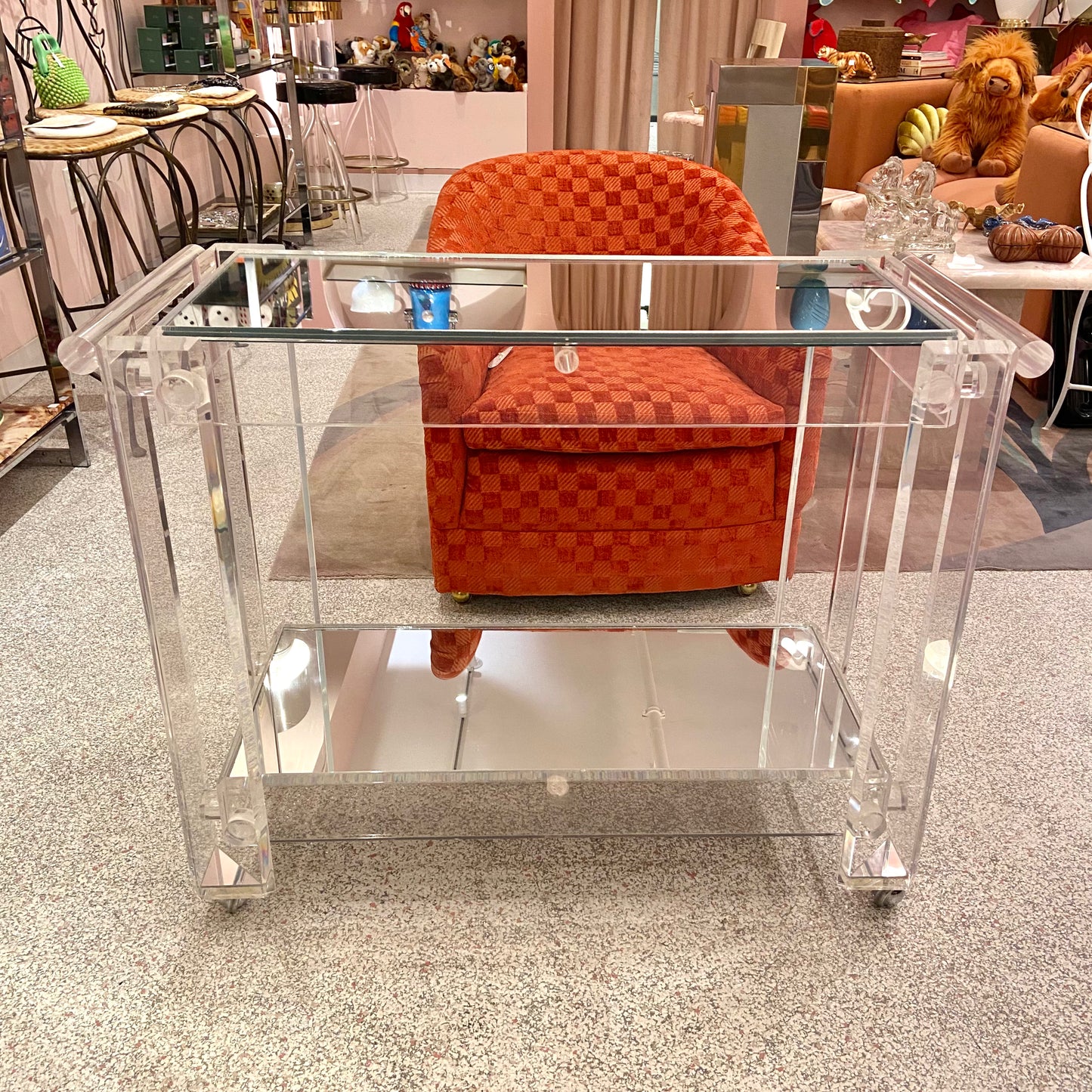 Charles Hollis Jones Style 1980’s Lucite and Mirror 2 Tier Rolling Bar Cart