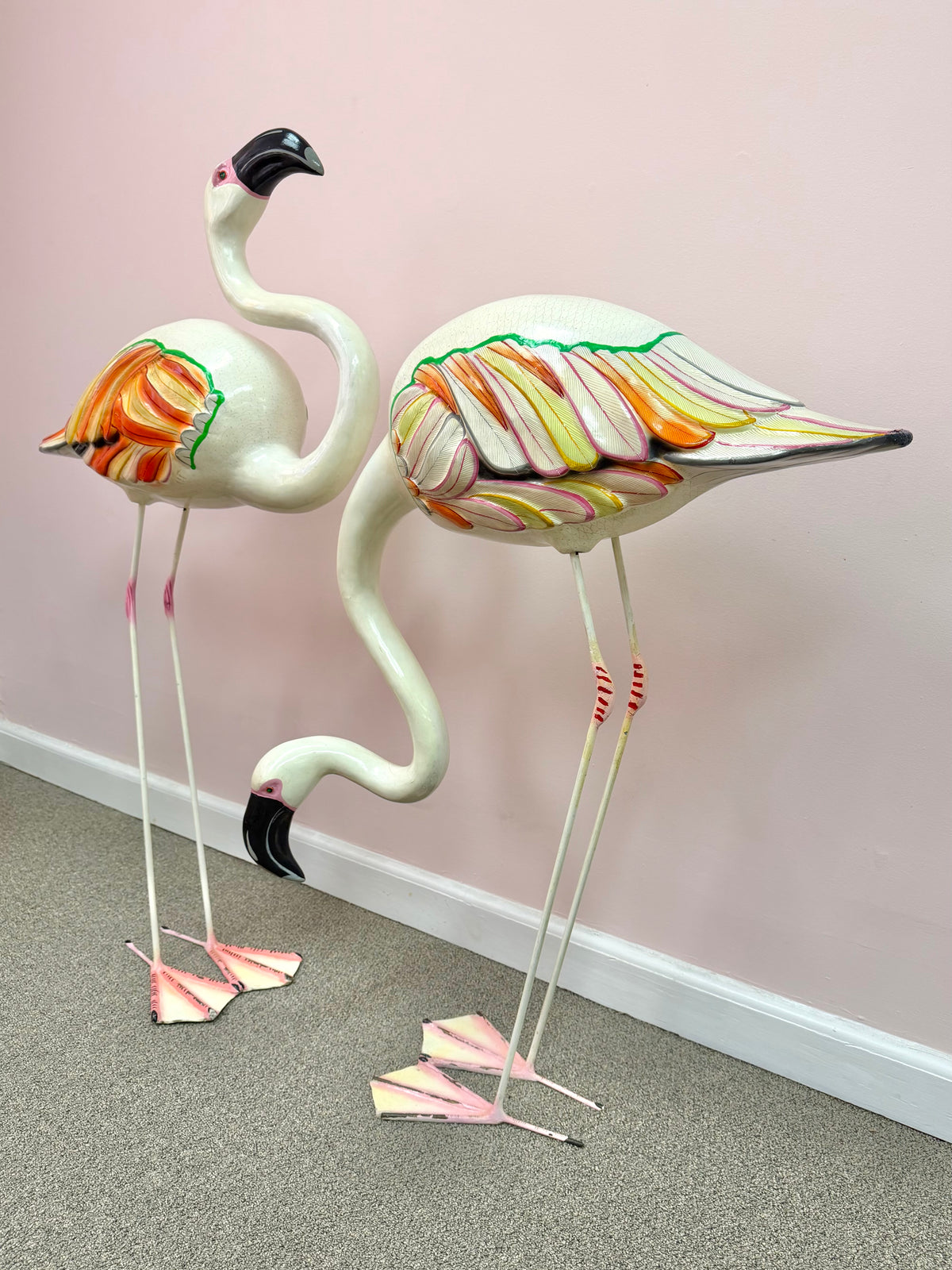 Pair of Extra Large Vintage Mexican Papier- Mache Flamingo Statues