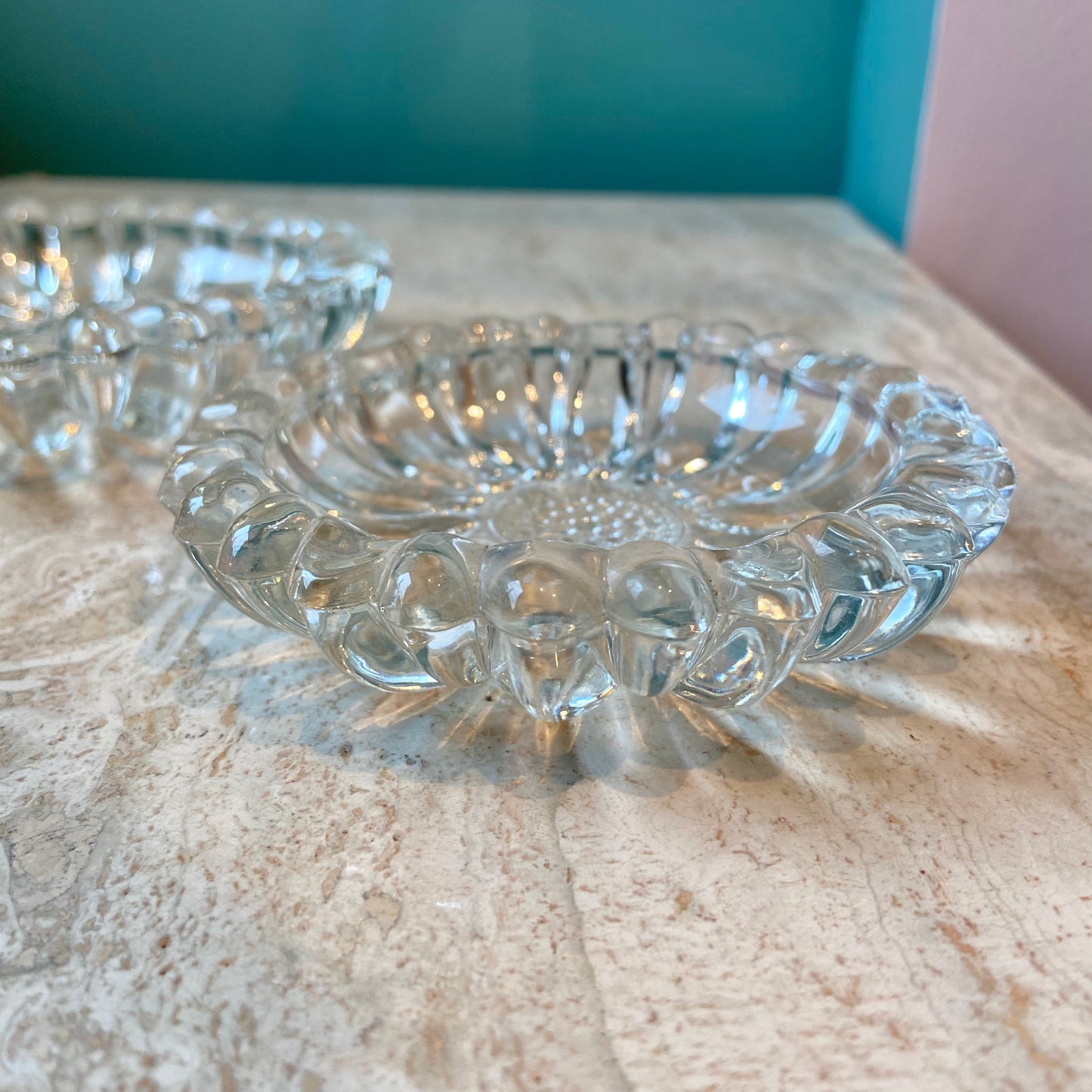 Pair of Vintage Glass Sunflower Nesting Ashtrays/Catchalls