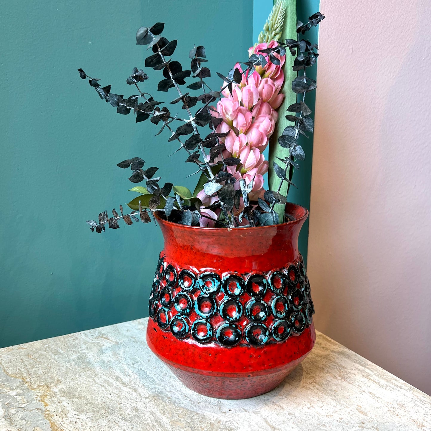 Vintage Italian Red Black and Blue Art Pottery Vase