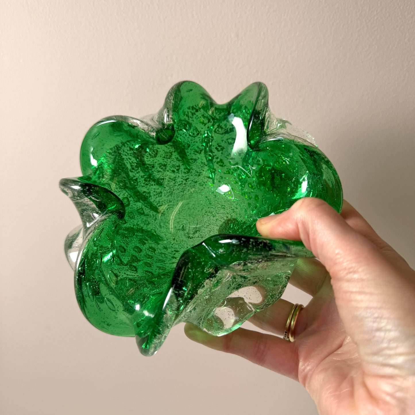 Vintage Green and Silver Leaf Murano Glass Bowl
