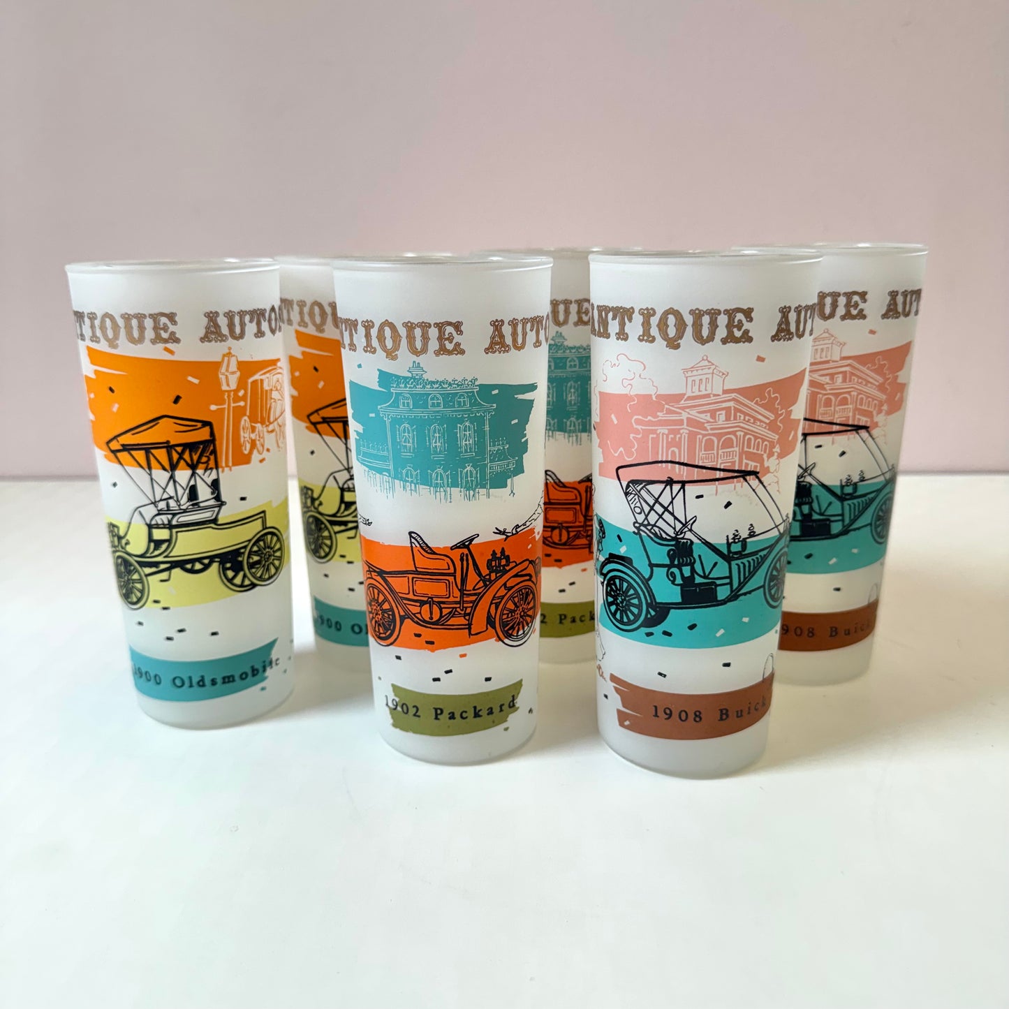Vintage Set of 6 Anchor Hocking “Antique Autos” Frosted Glass Tumblers