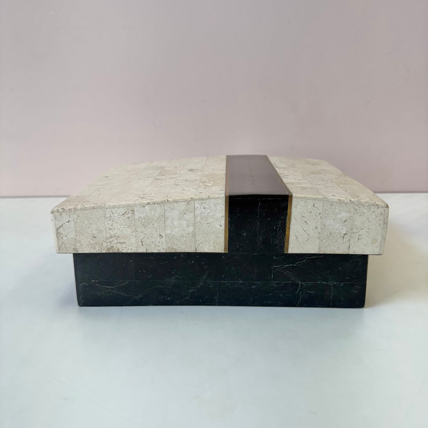 Vintage Maitland Smith Style Black and Cream Tessellated Stone Box