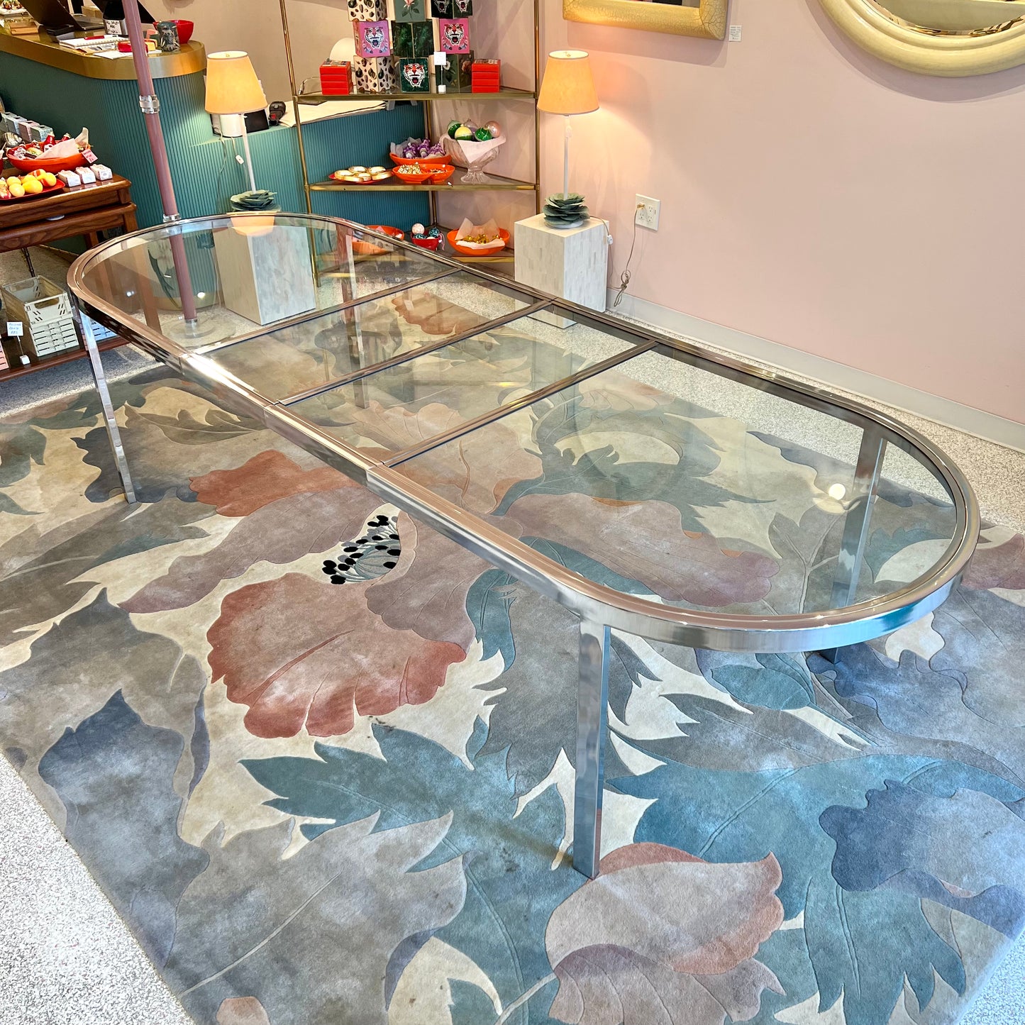 1980's Extendable Chrome and Glass Oval Dining Table by Design Instititute of America