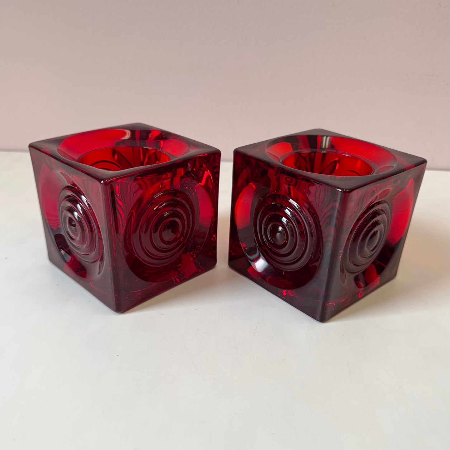 Vintage Pair of Ruby Red Viking Glass Company "Bullseye" Cube Candle Holders