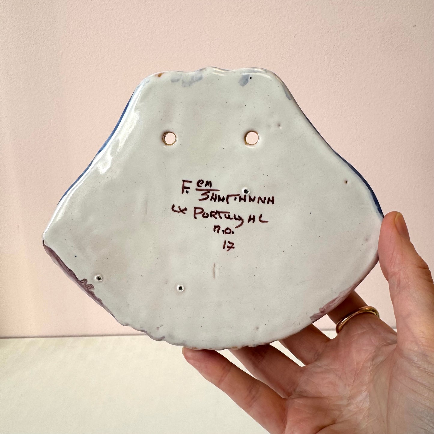 Vintage Ceramic Shell with Floral Decal Wall Pocket